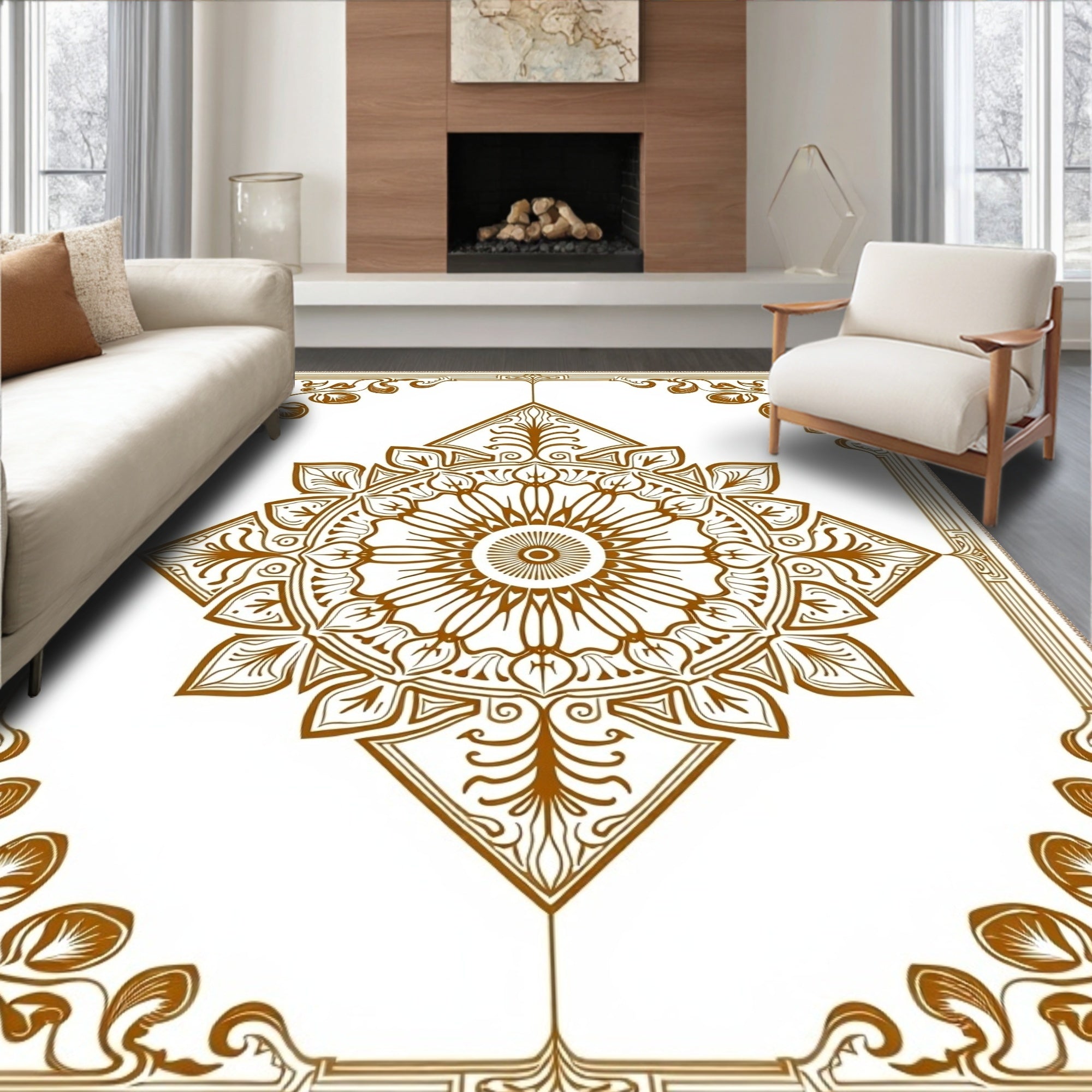 Golden Brown Medallion Floral Border Rug