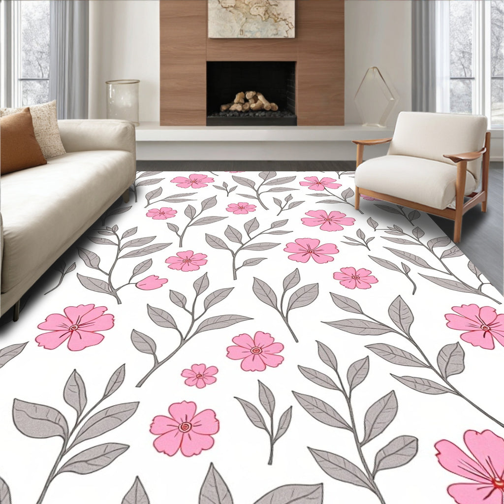 Pastel Pink and Gray Floral Branch Rug