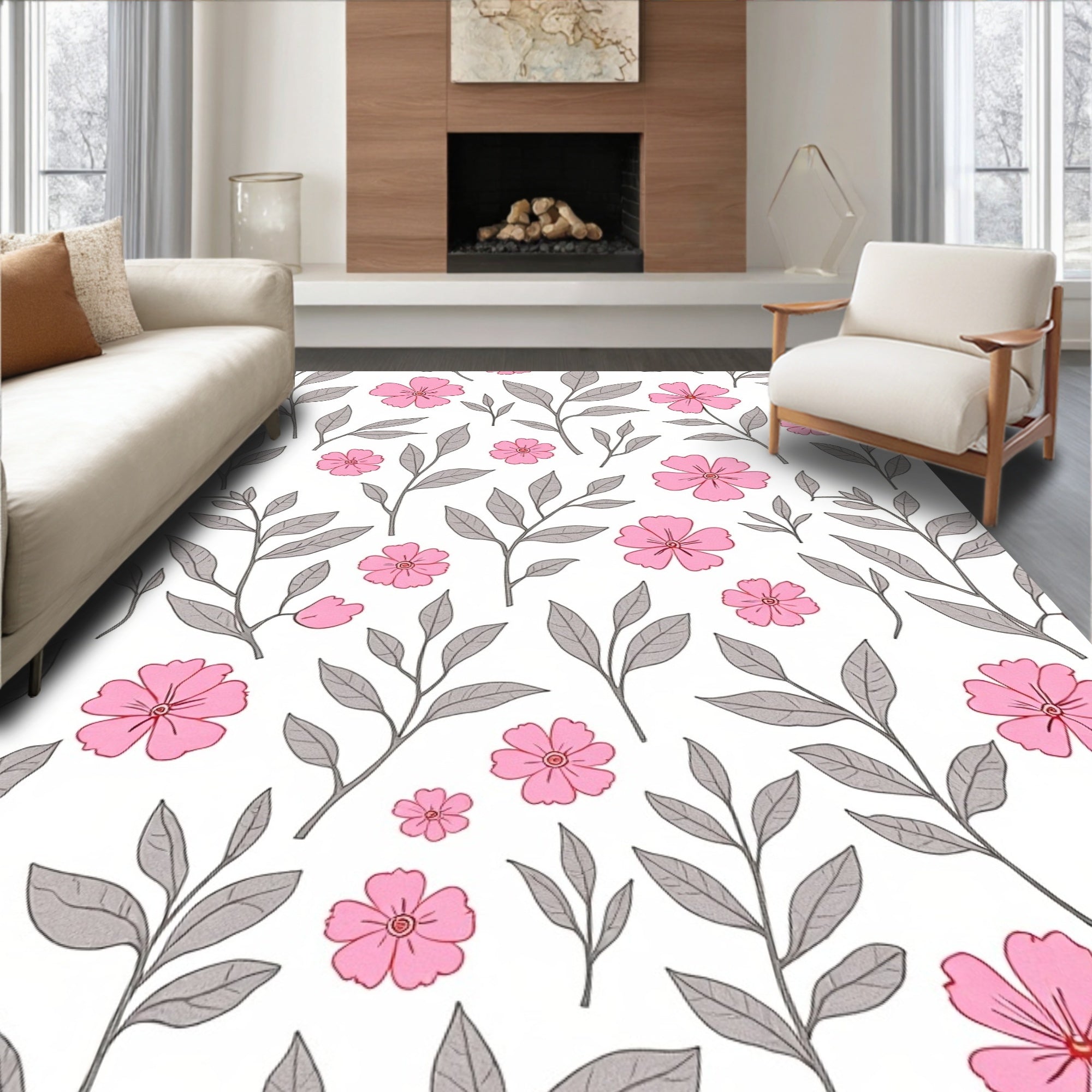 Pastel Pink and Gray Floral Branch Rug