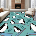 Winter Penguin Skiing Teal Foliage Rug
