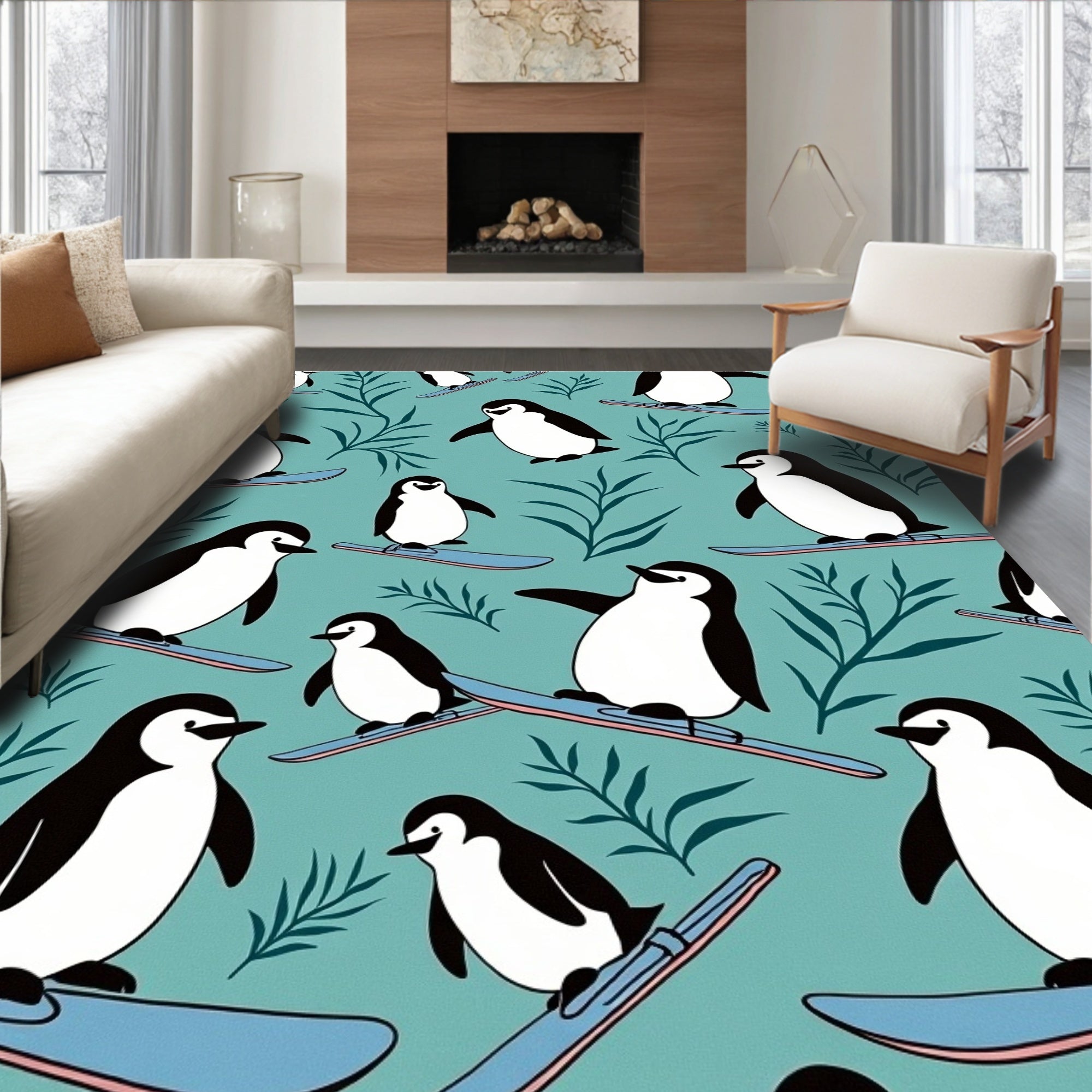 Winter Penguin Skiing Teal Foliage Rug