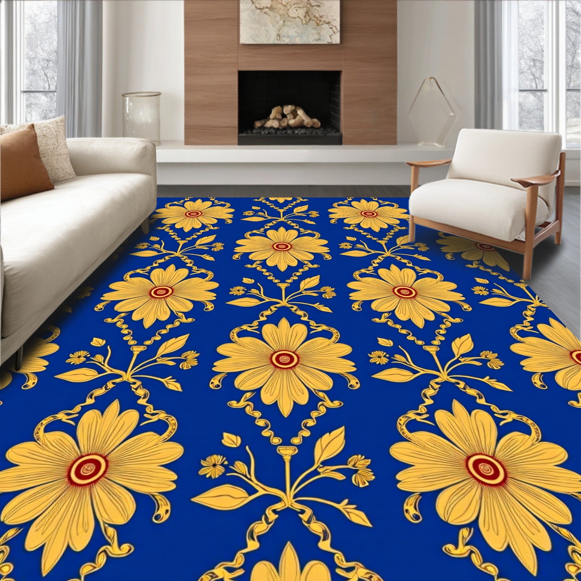 Royal Blue Yellow Floral Damask Rug