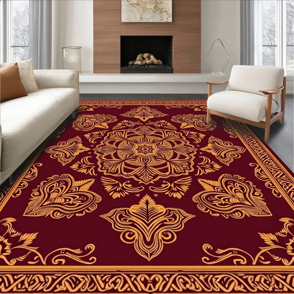 Deep Red Golden Ornate Medallion Rug