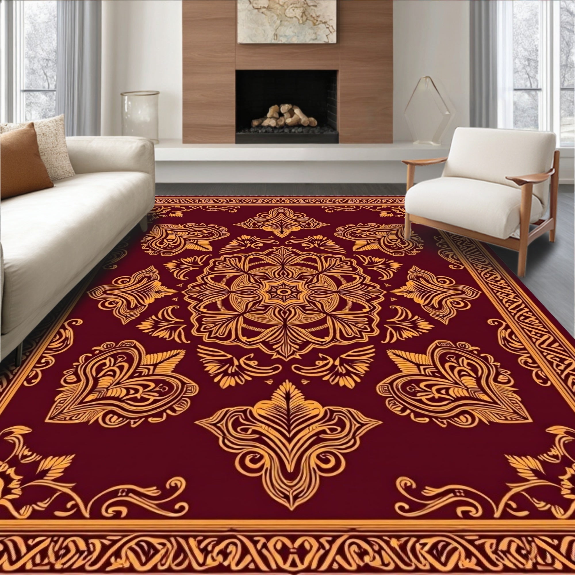 Deep Red Golden Ornate Medallion Rug