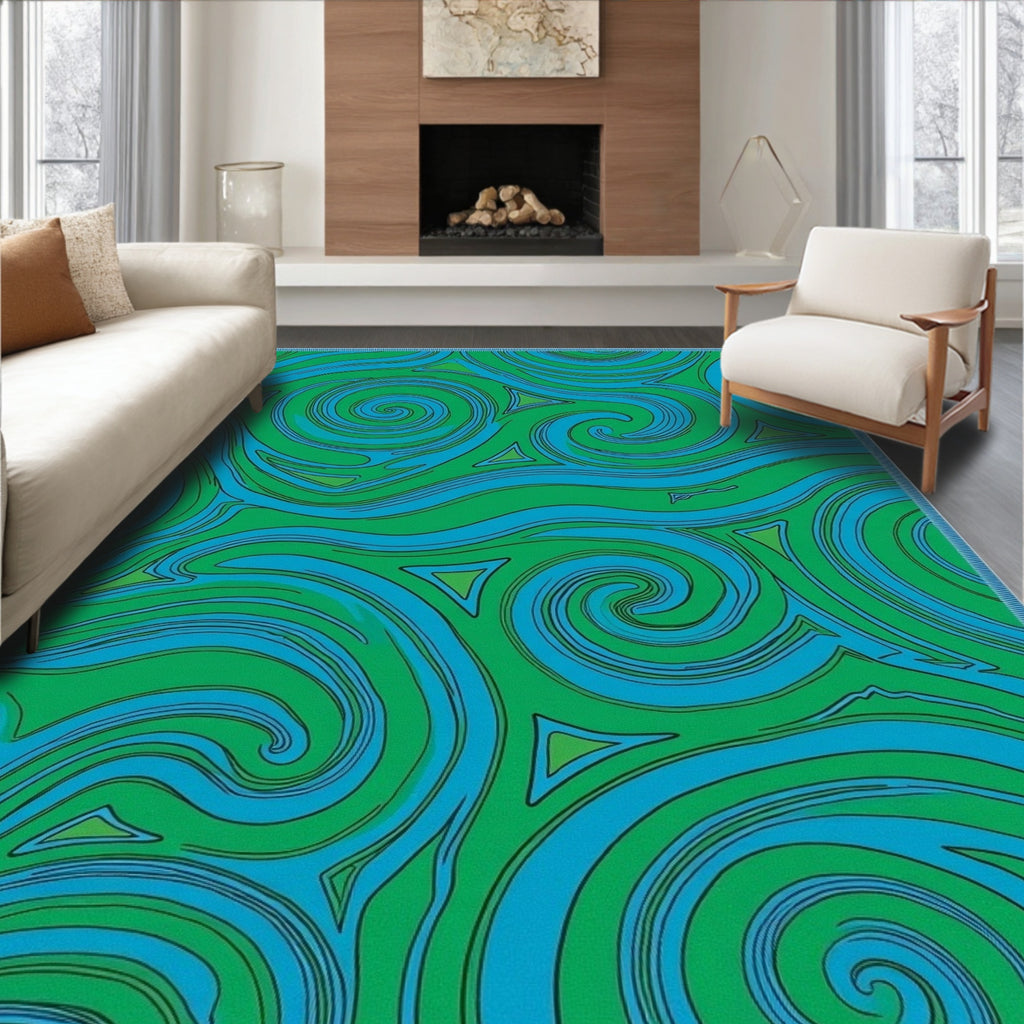 Green Blue Swirling Triangles Abstract Flow Rug