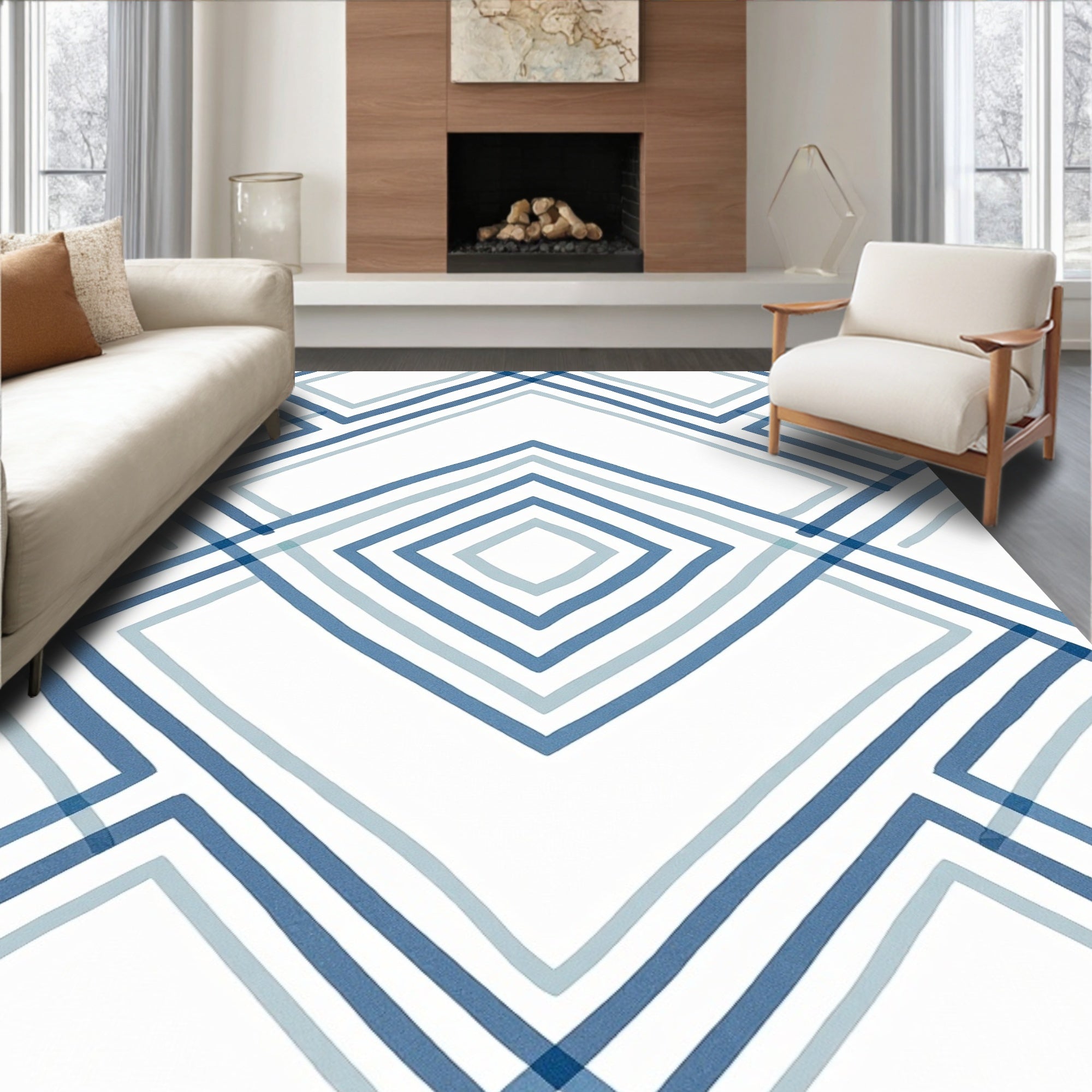 Geometric Diamond Blues Lines Rug