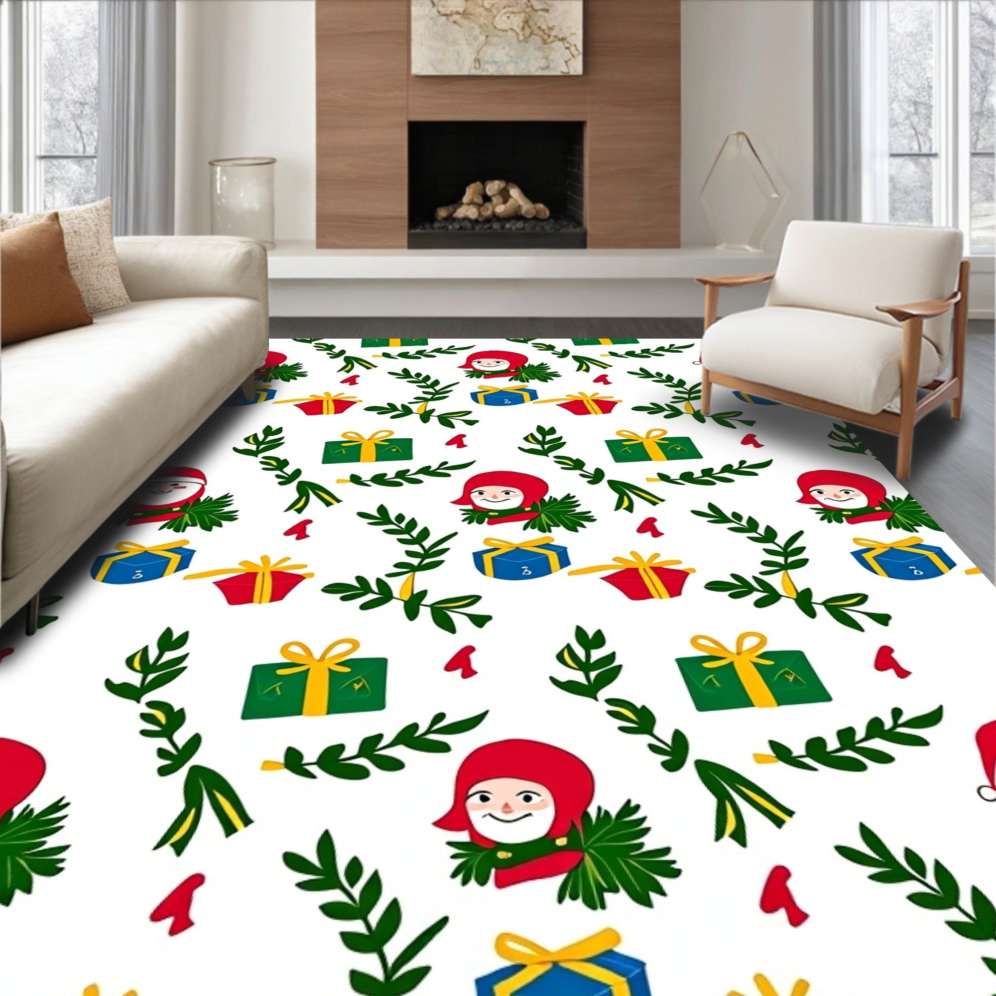 Festive Christmas Characters Greenery Gift Boxes Rug