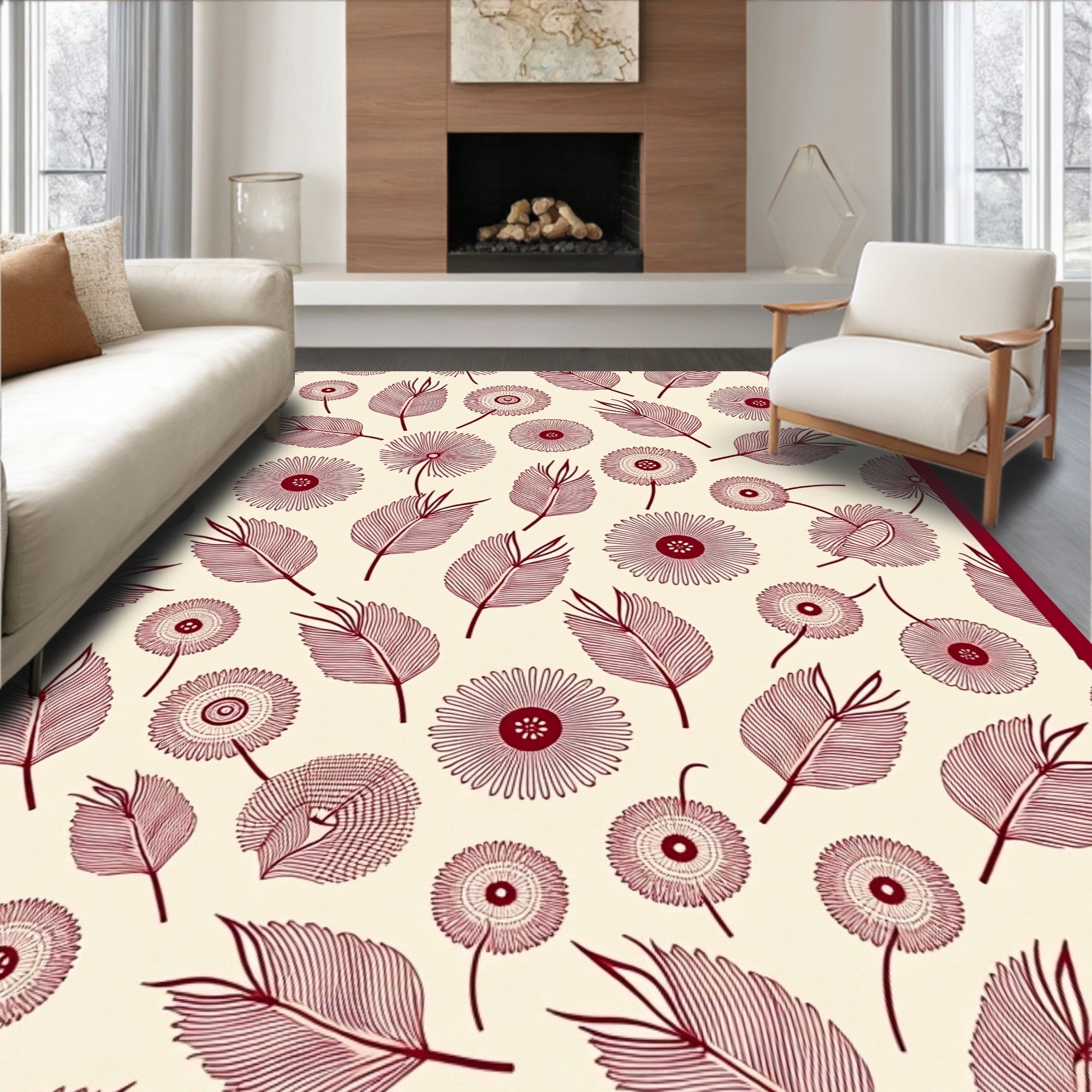 Crimson Feather and Flower Collage Rug