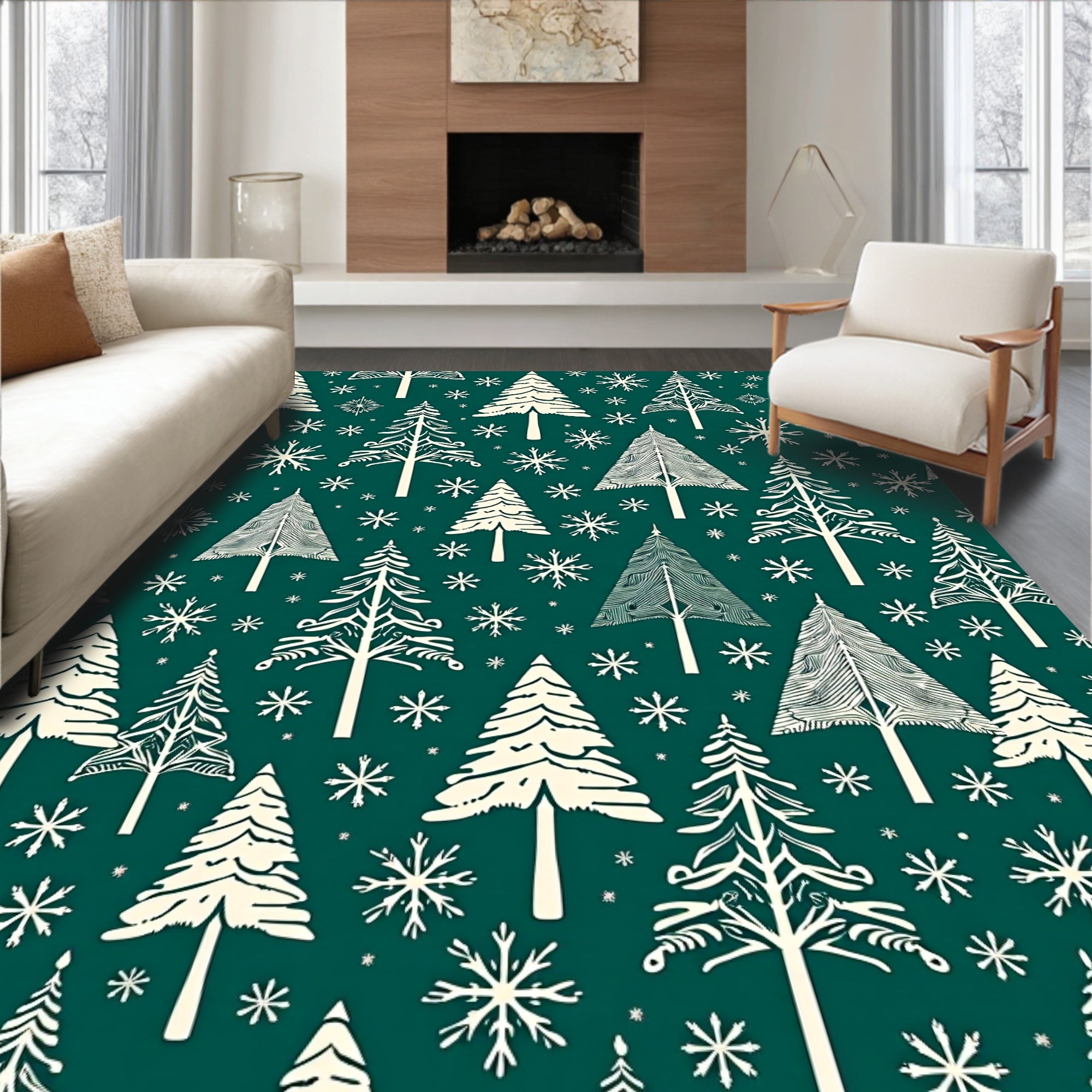 Woodland Evergreen Trees Snowflakes Rug