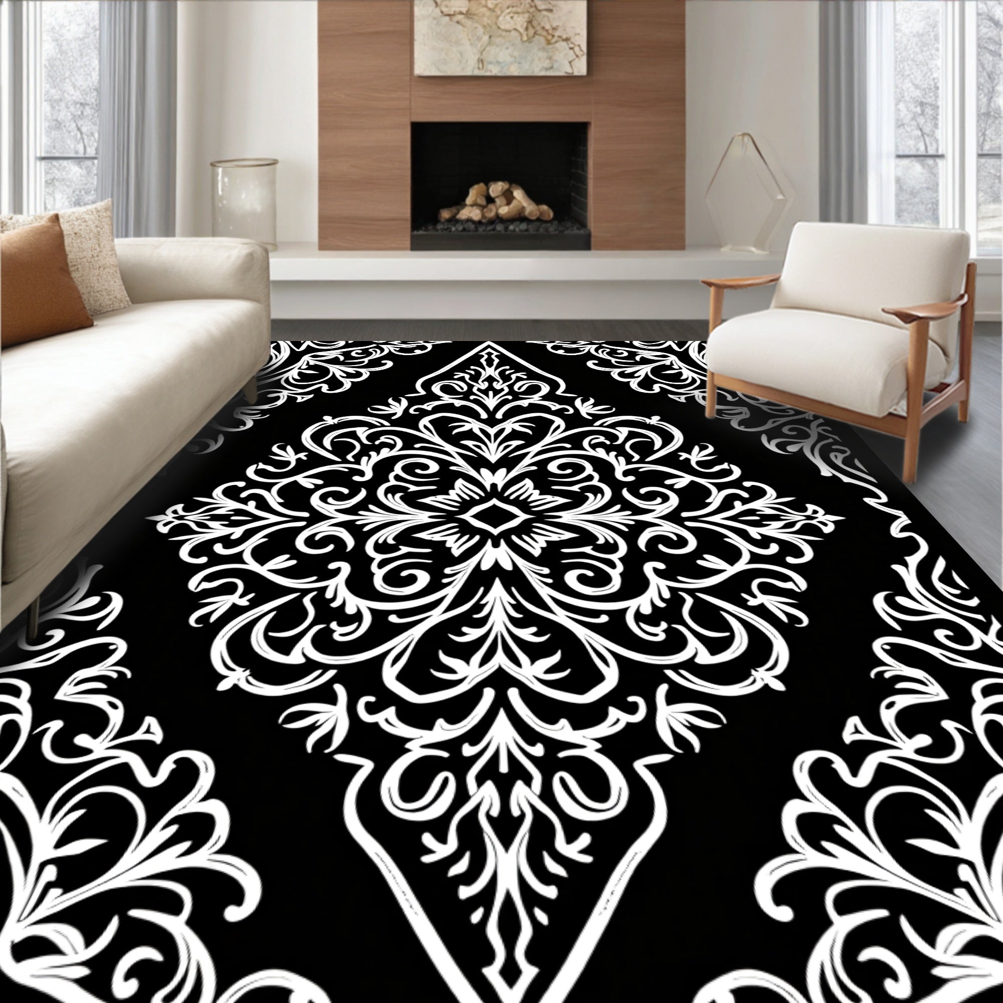 Classic Black White Damask Scroll Rug