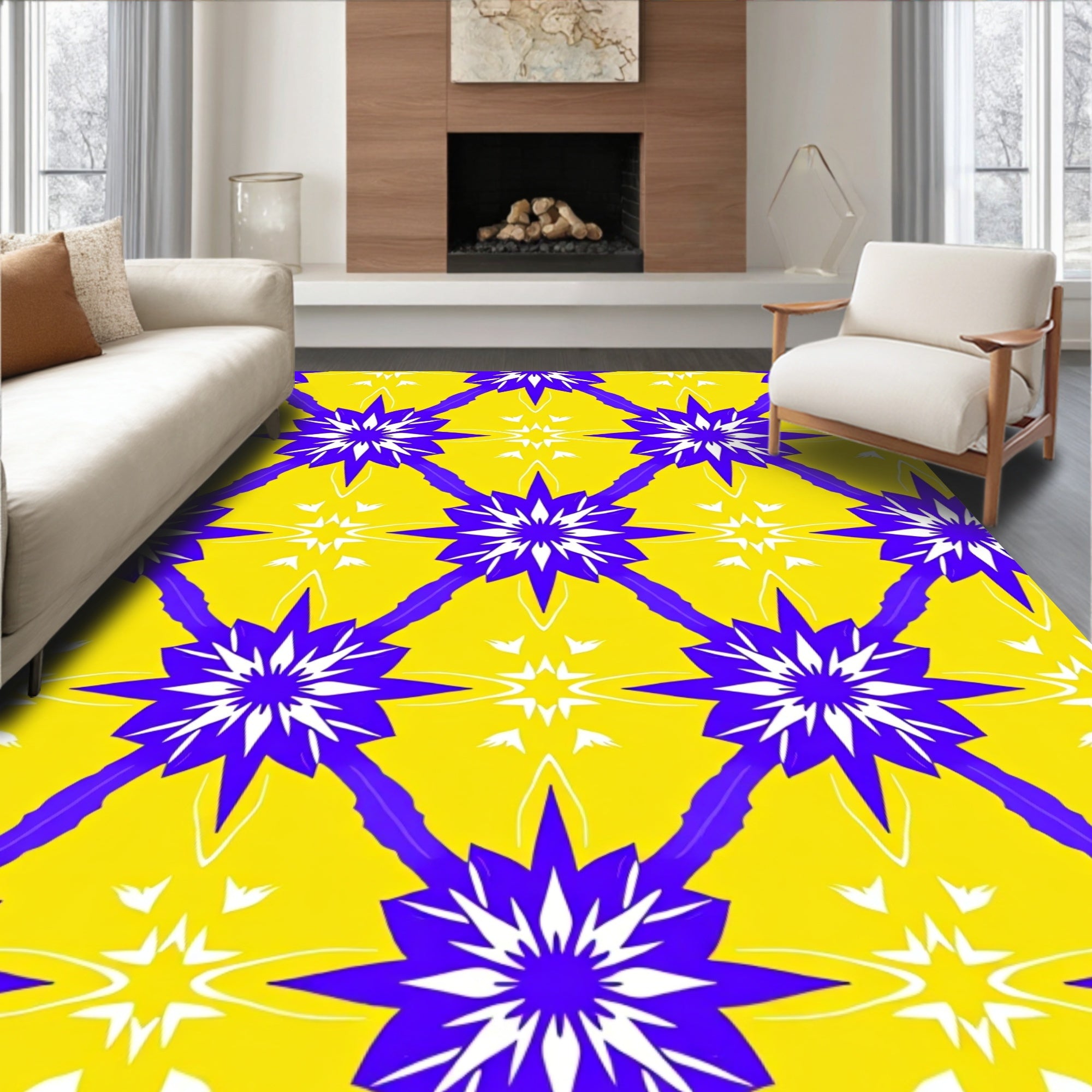 Vibrant Yellow Blue Starburst Rug