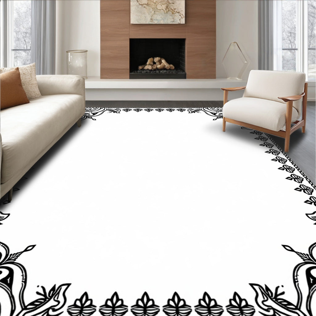 Elegant Black Ornate Floral Border Rug