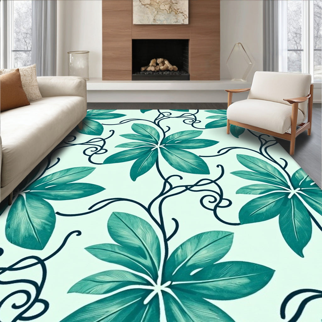 Teal Tropical Leaf Vine Art Rug