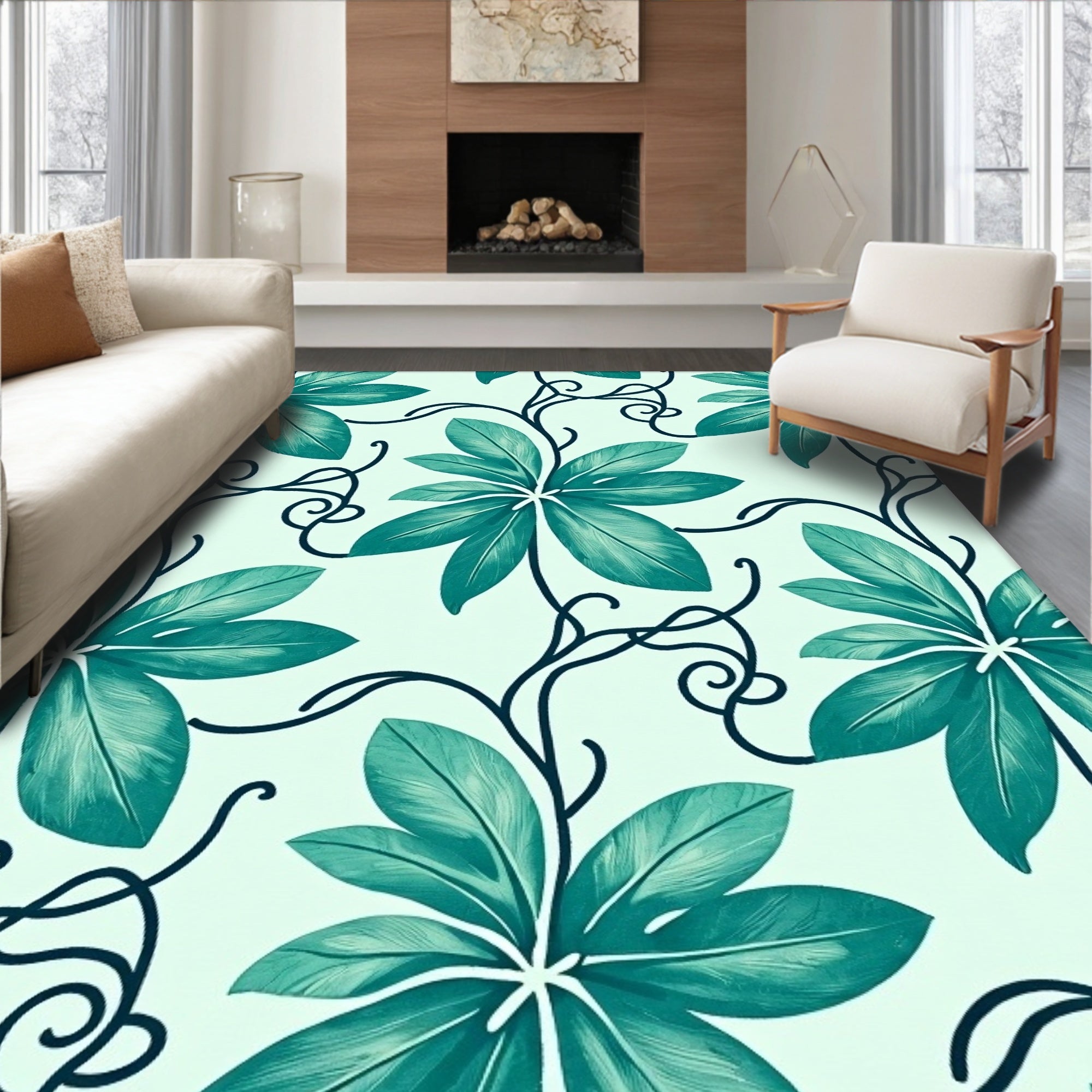 Teal Tropical Leaf Vine Art Rug