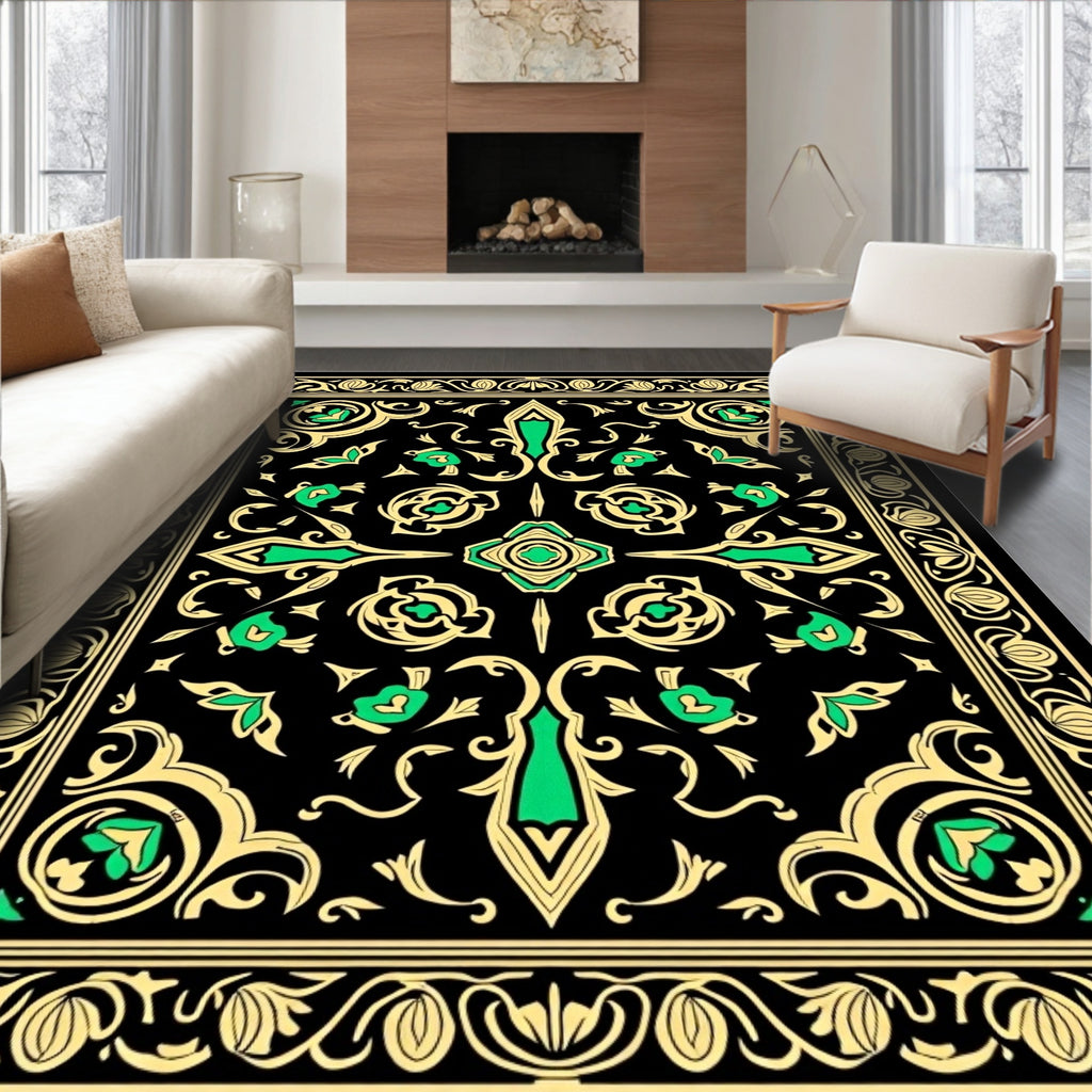 Black gold green ornate floral Rug