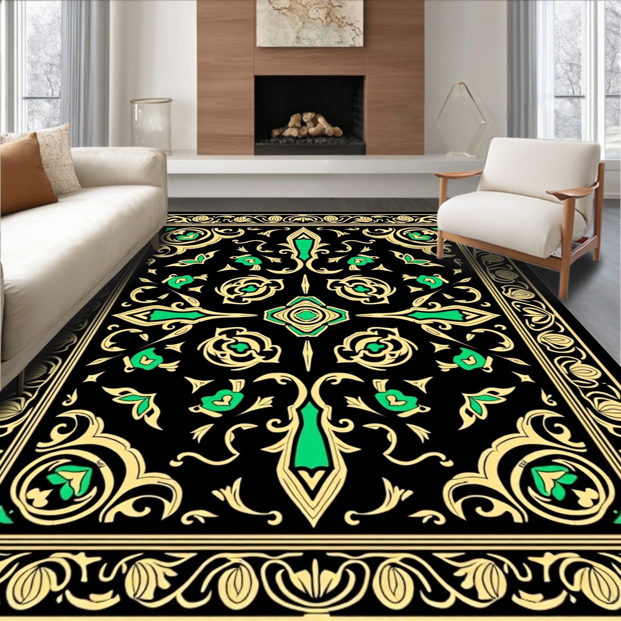 Black gold green ornate floral Rug