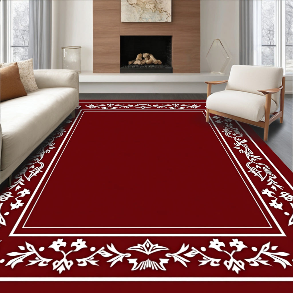 Ornate Deep Red Floral Border Rug