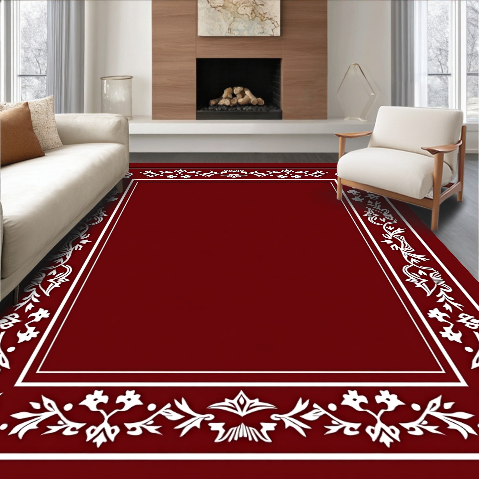 Ornate Deep Red Floral Border Rug