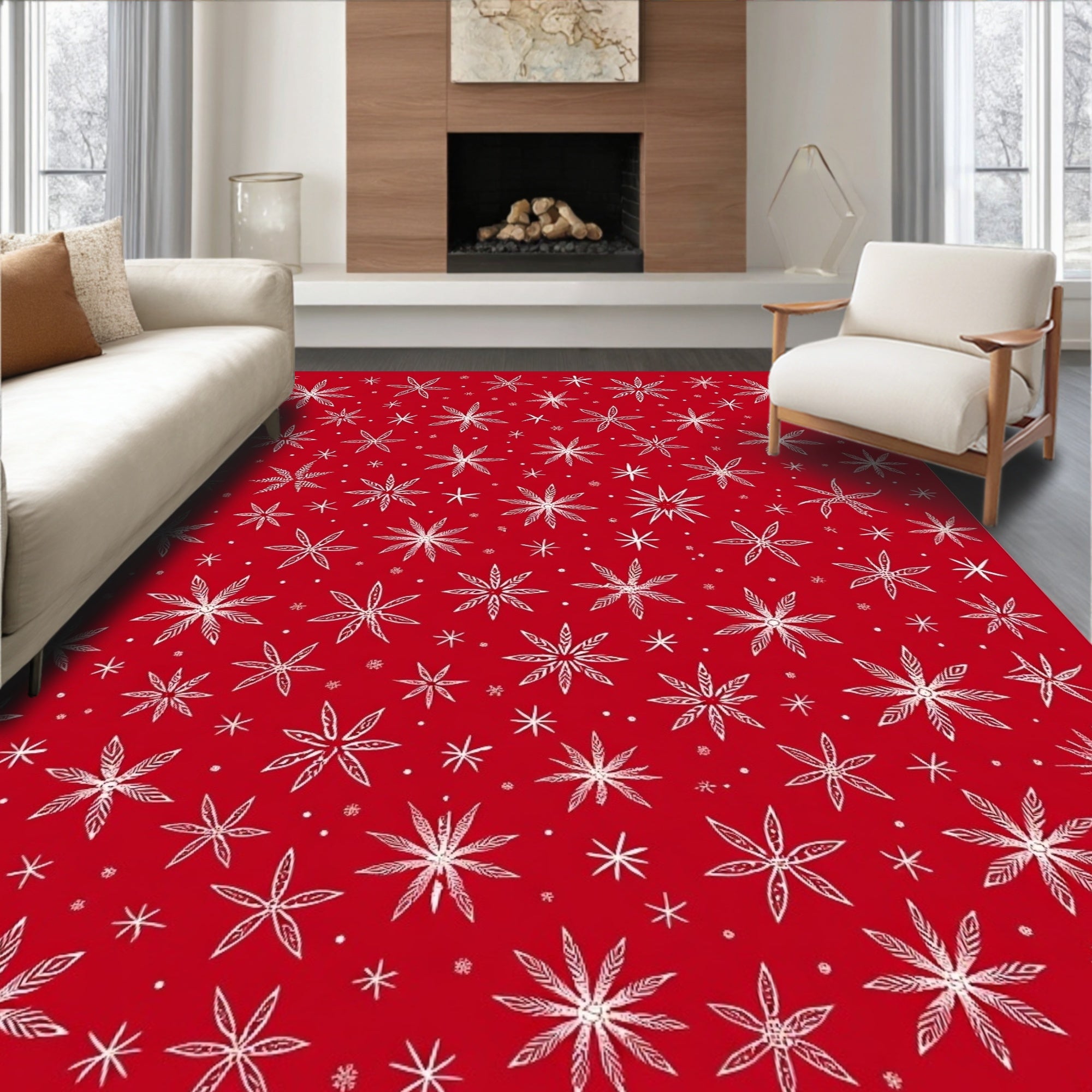 Crimson White Starburst Snowflake Scatter Rug