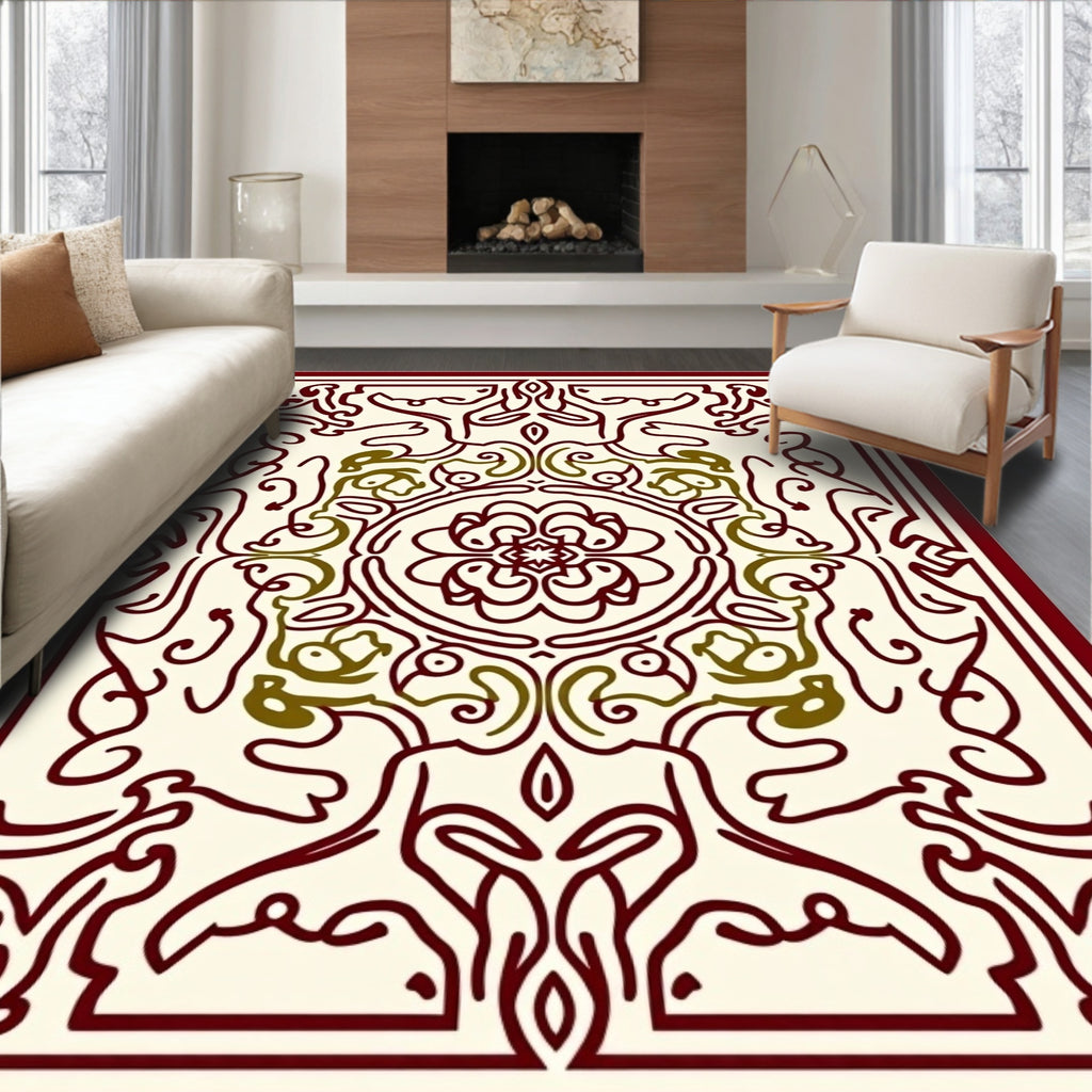 Deep Red Ivory Intricate Floral Medallion Rug