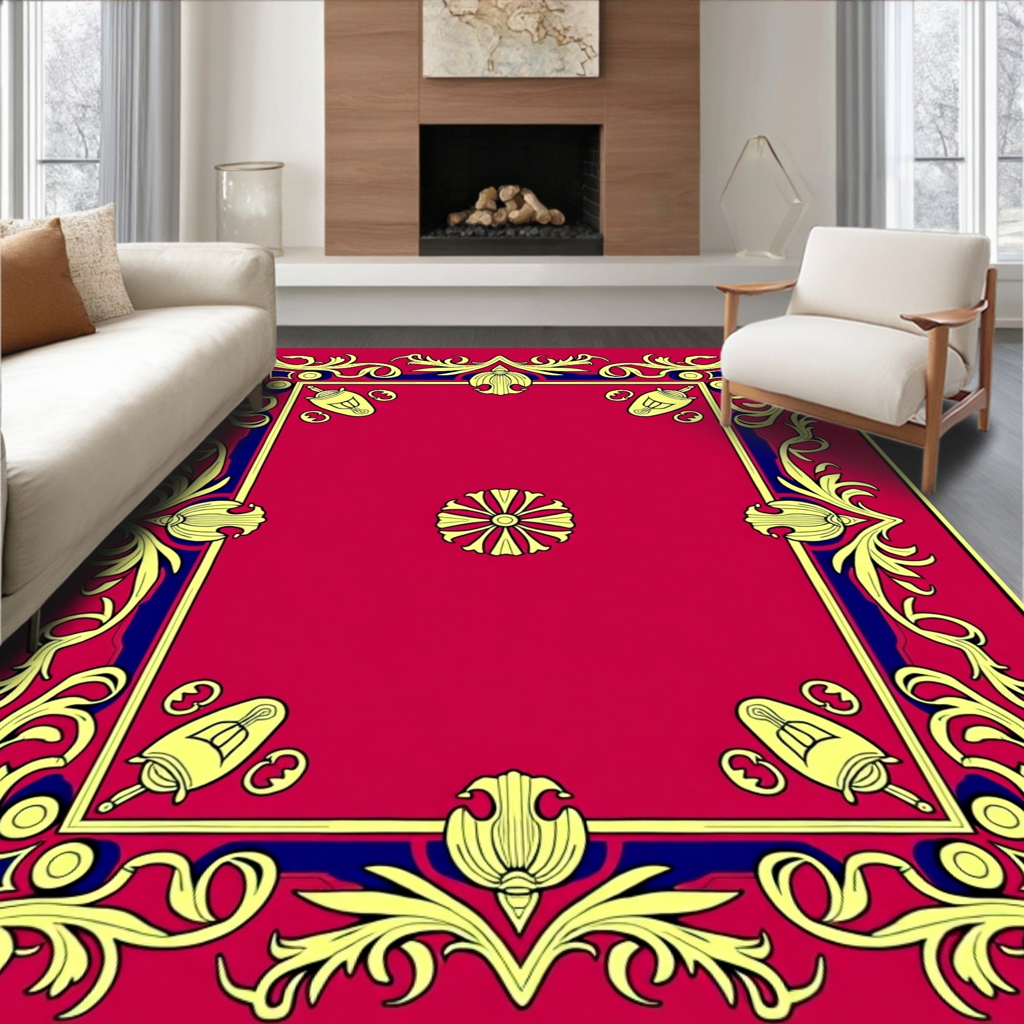 Crimson Yellow Blue Floral Corner Frame Rug