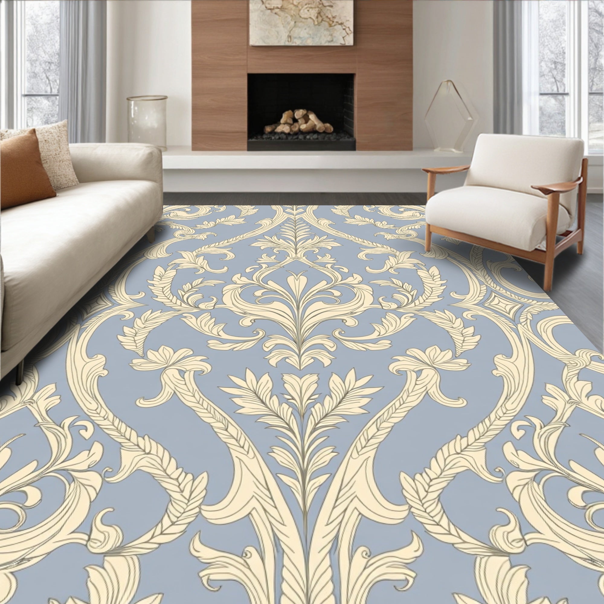 Pale Blue And Cream Damask Scroll Rug