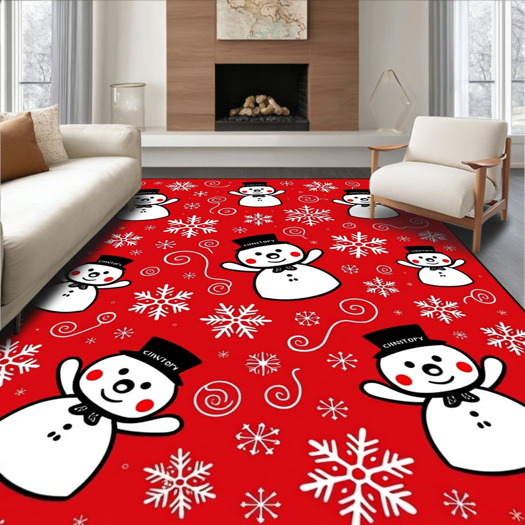 Cheery Snowman Snowflake Red Rug