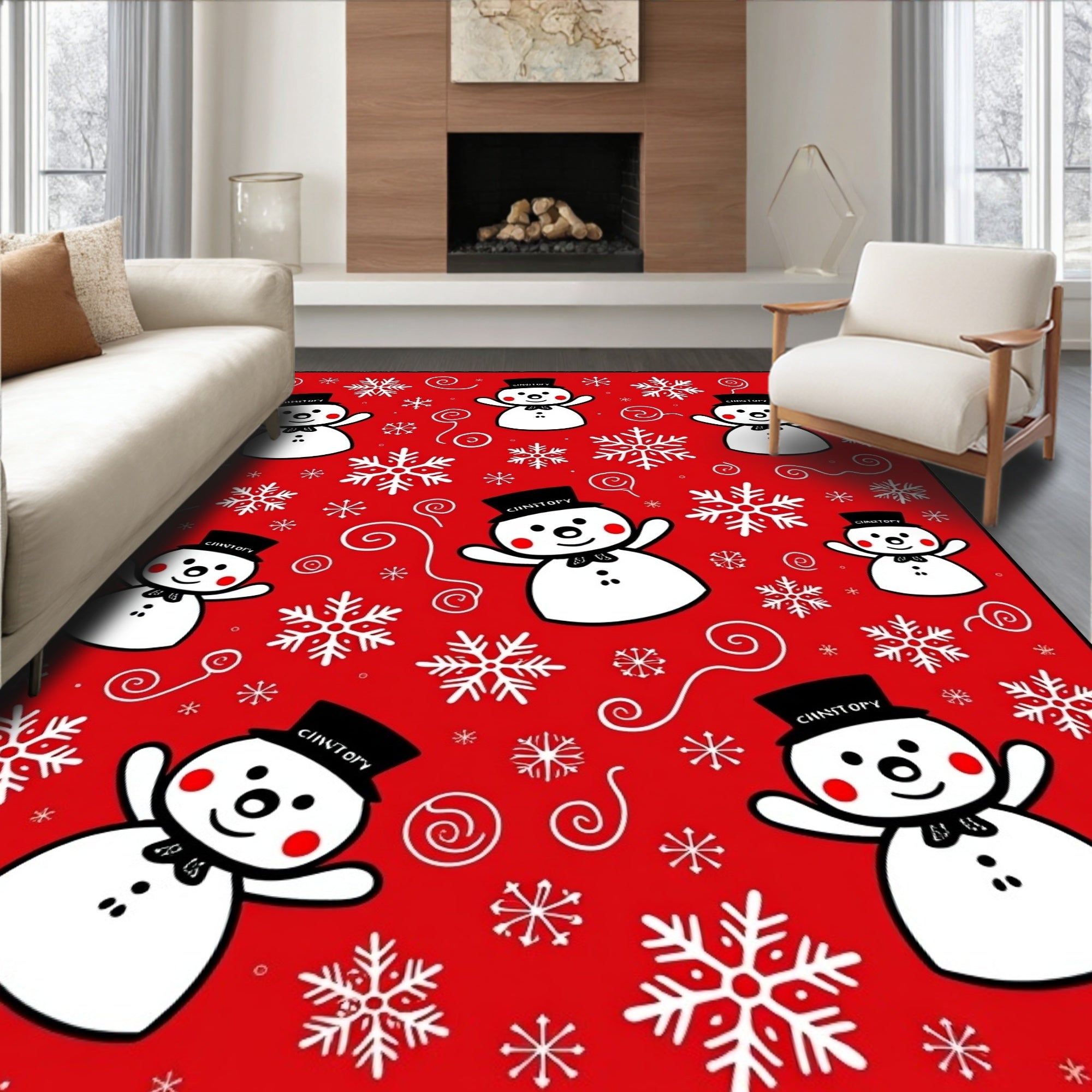 Cheery Snowman Snowflake Red Rug