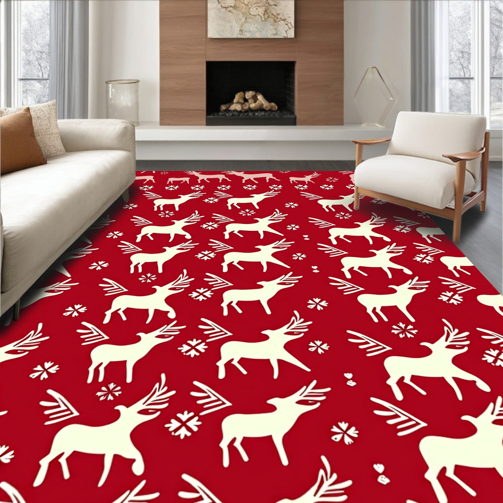 Crimson Cream Reindeer Snowflake Repeat Rug