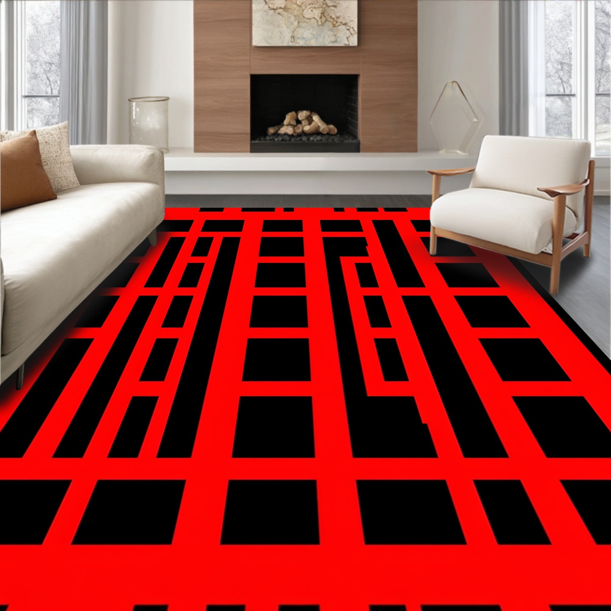 Bold Red Linear Grid Rug