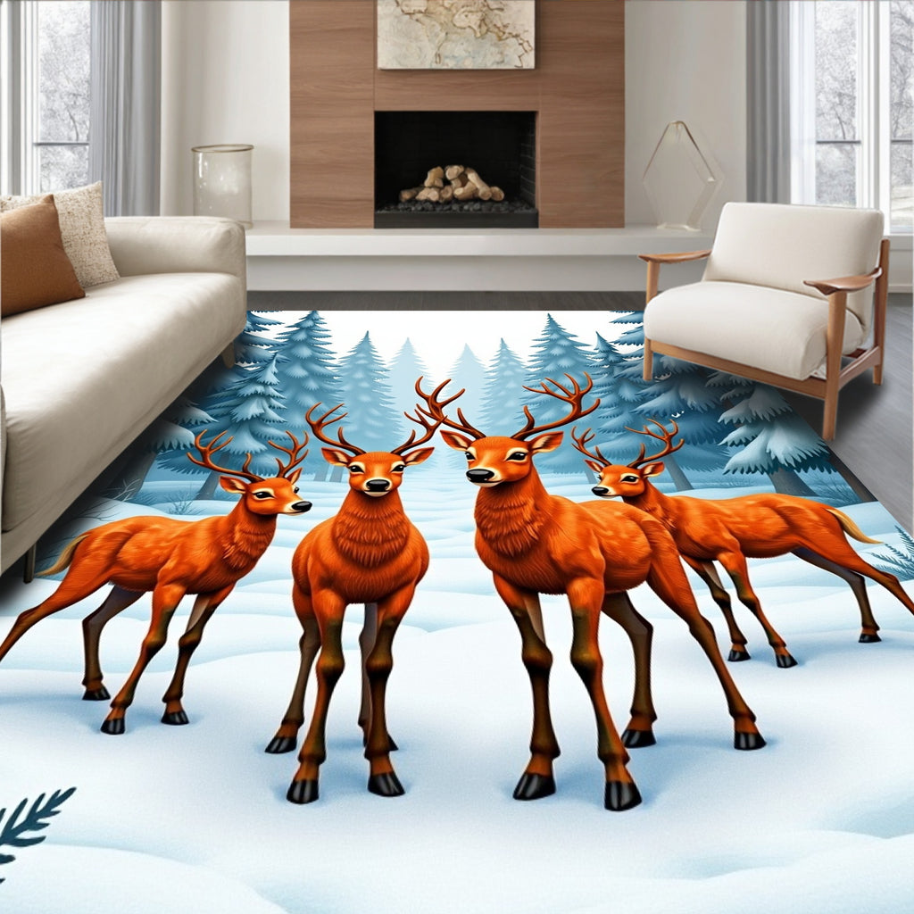 Winter Forest Herd Deer Scene Rug