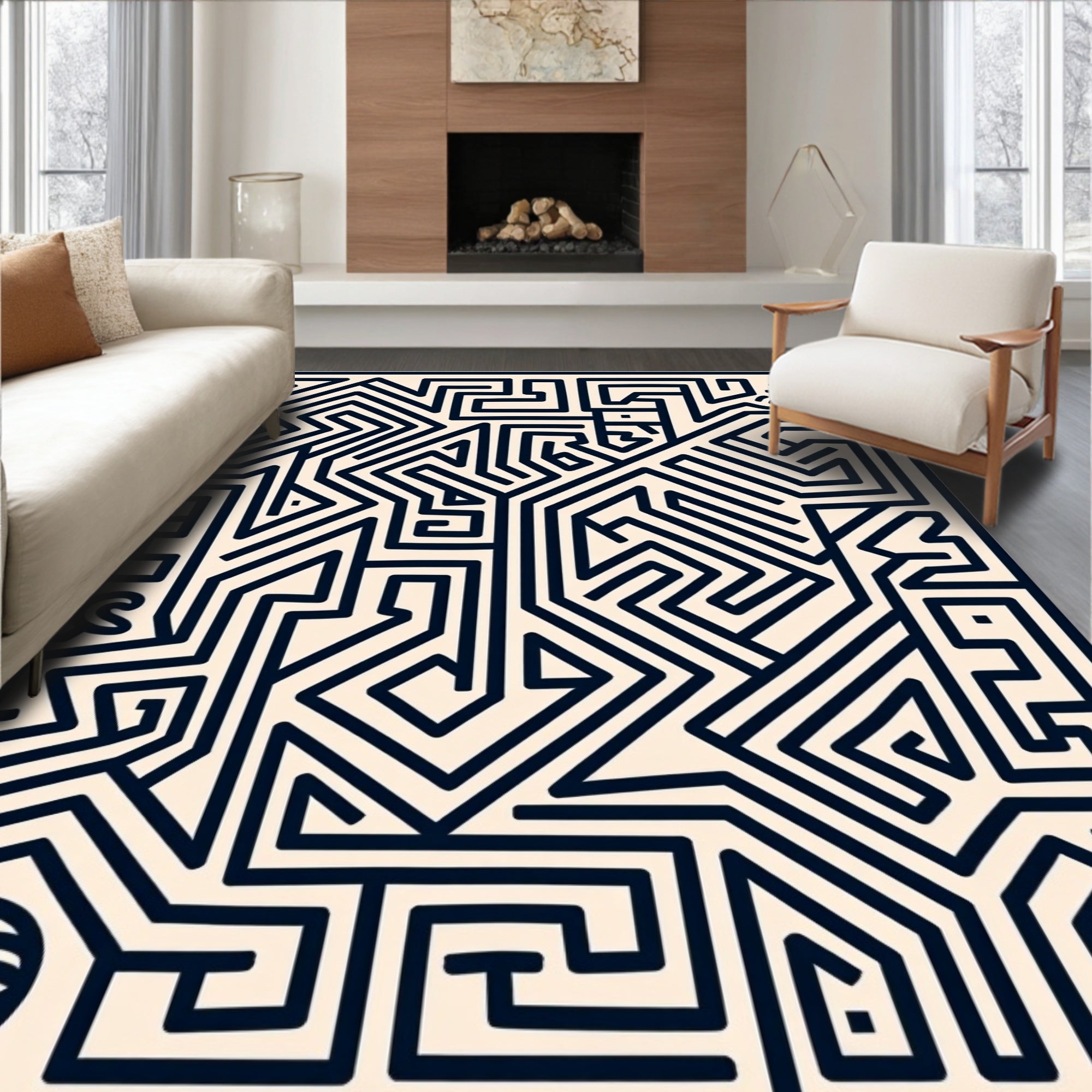 Bold Navy Maze Linear Rug