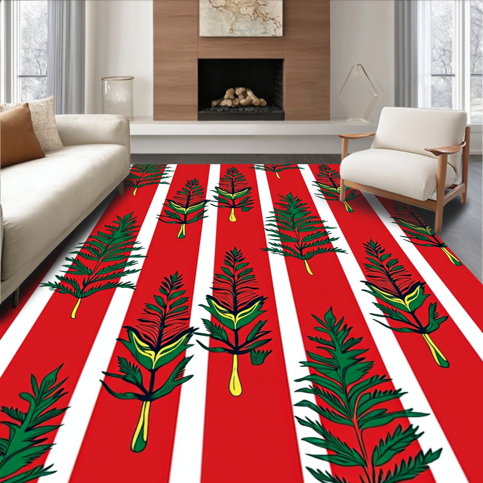 Red White Striped Fern Floral Rug