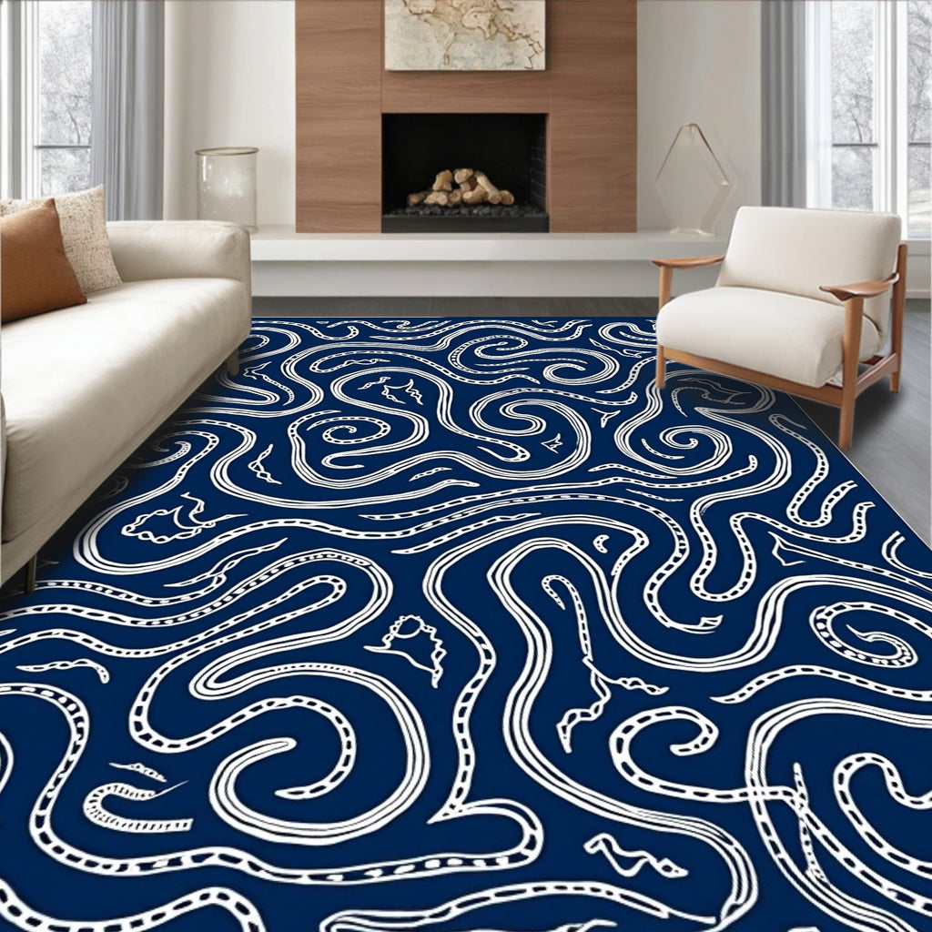 Deep Blue Abstract Swirl Lines Rug