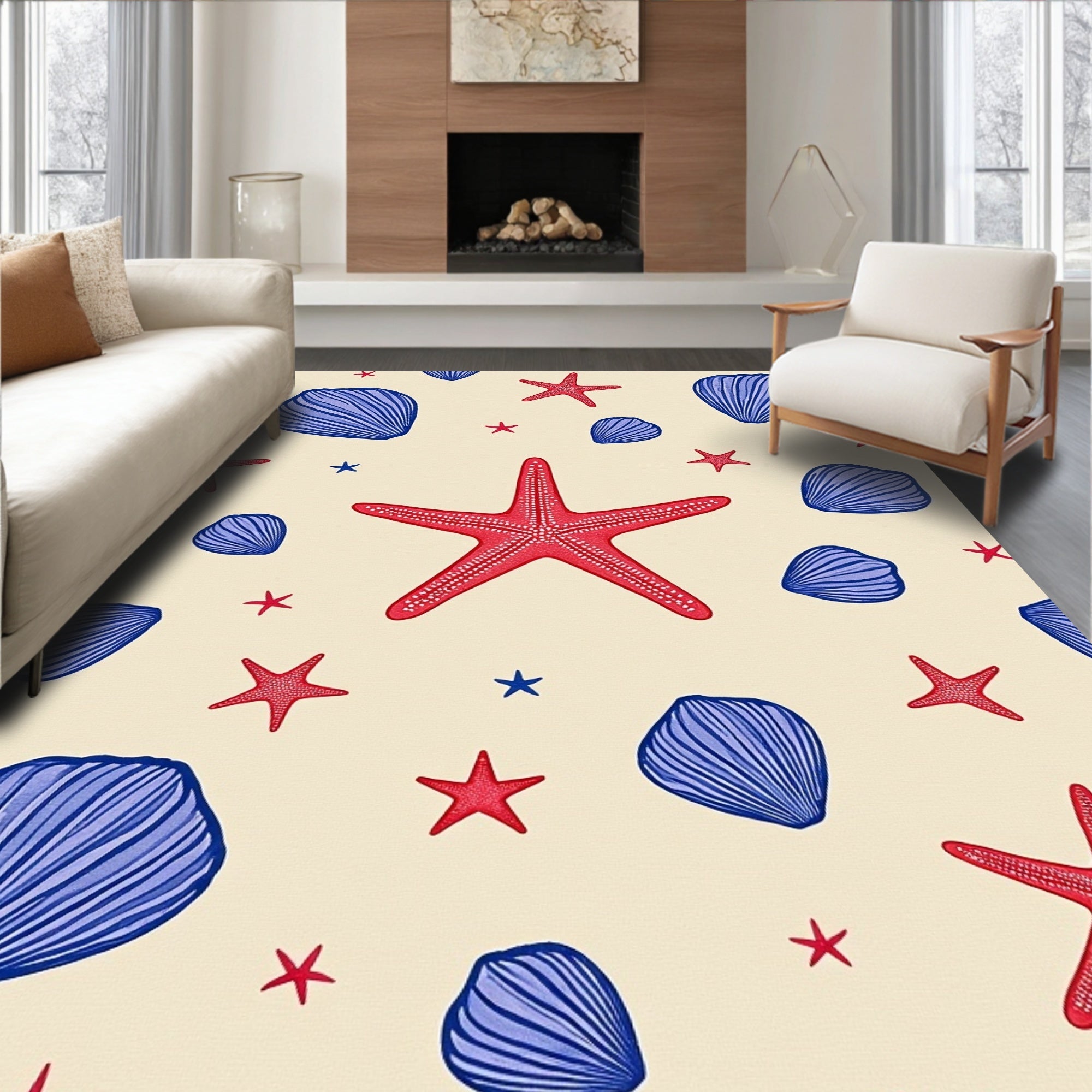 Red Blue Shell Starfish Medley Rug