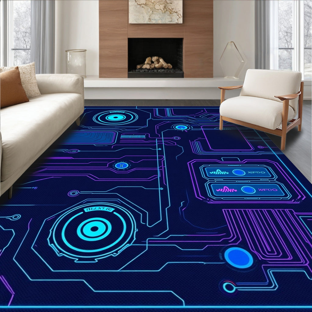 Futuristic Circuit Board Neon Blue Purple Rug