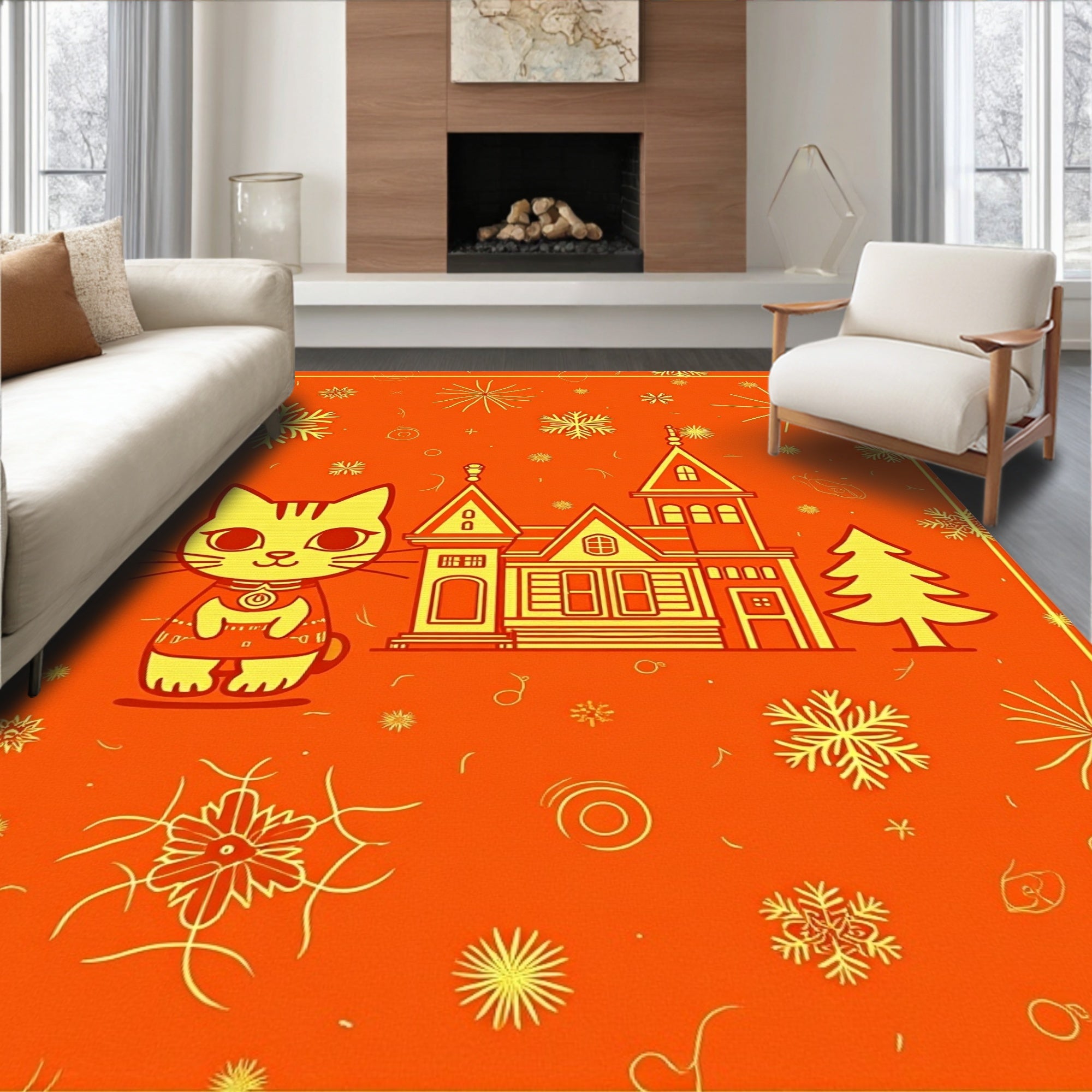 Retro Yellow Cat Meets Winter Village Rug
