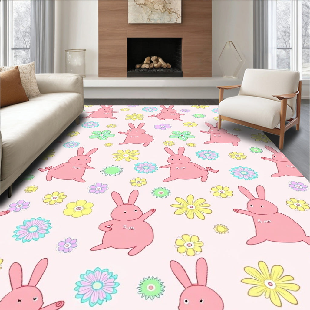 Playful pink bunnies flower meadow Rug
