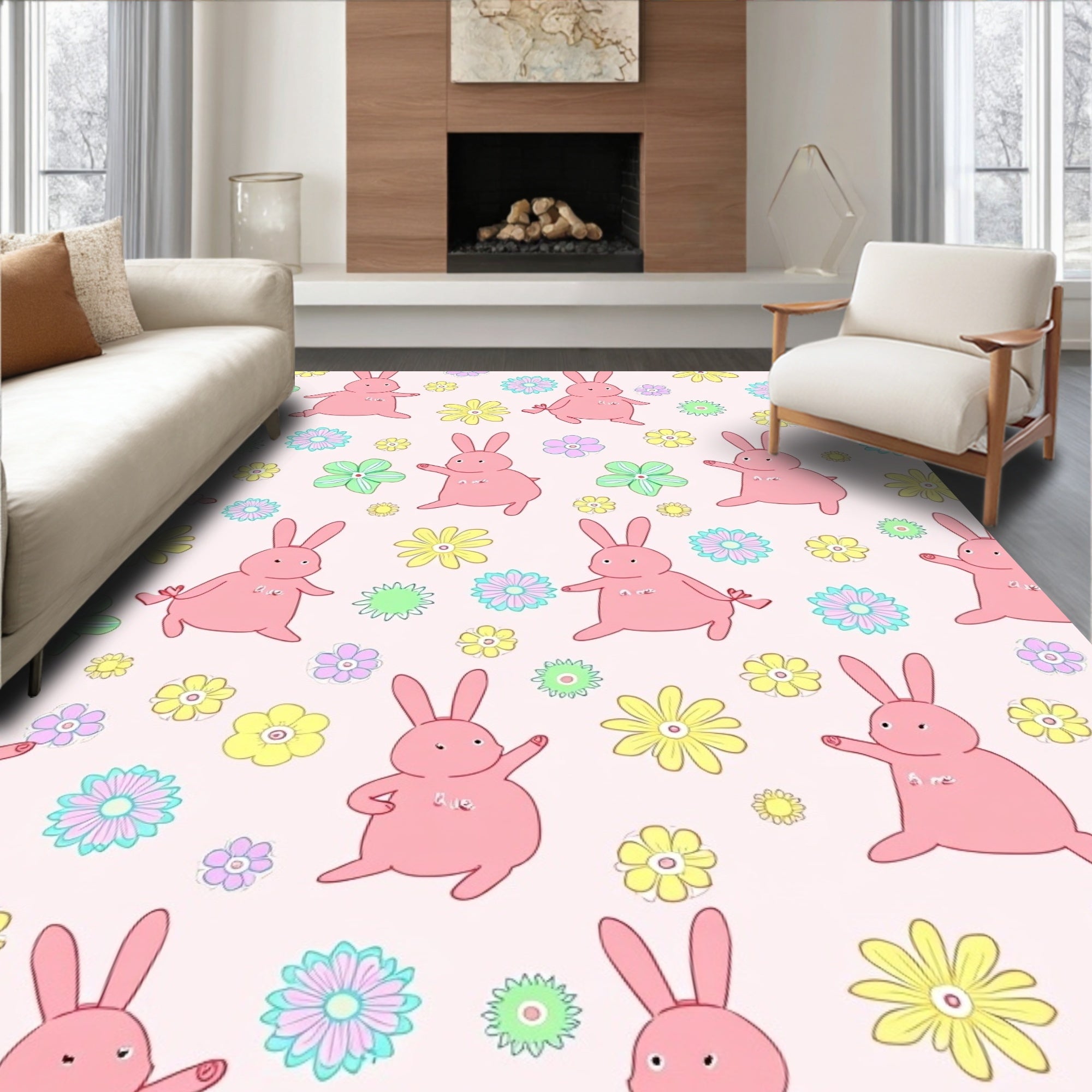 Playful pink bunnies flower meadow Rug