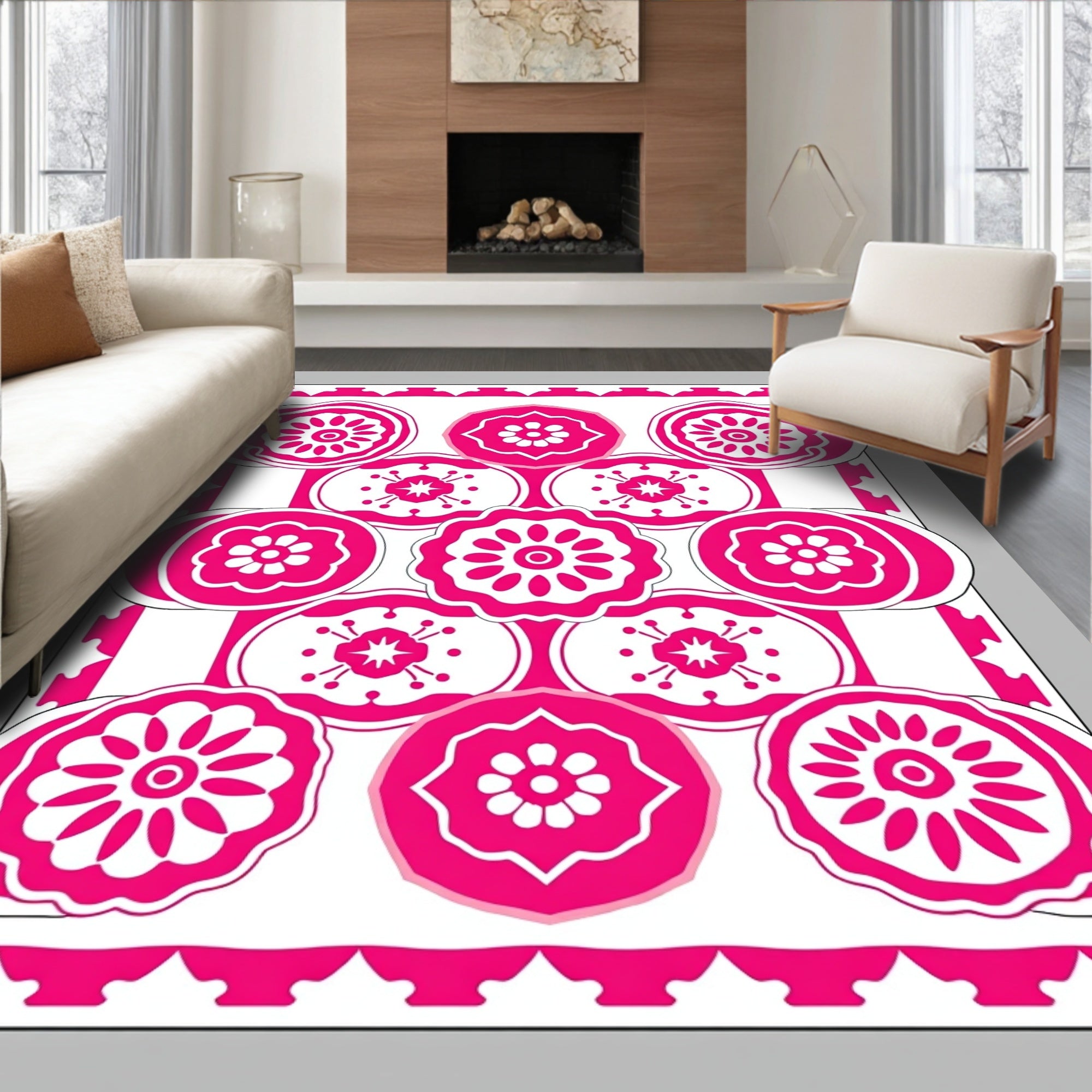Vibrant Pink Floral Medallion Arrangement Rug