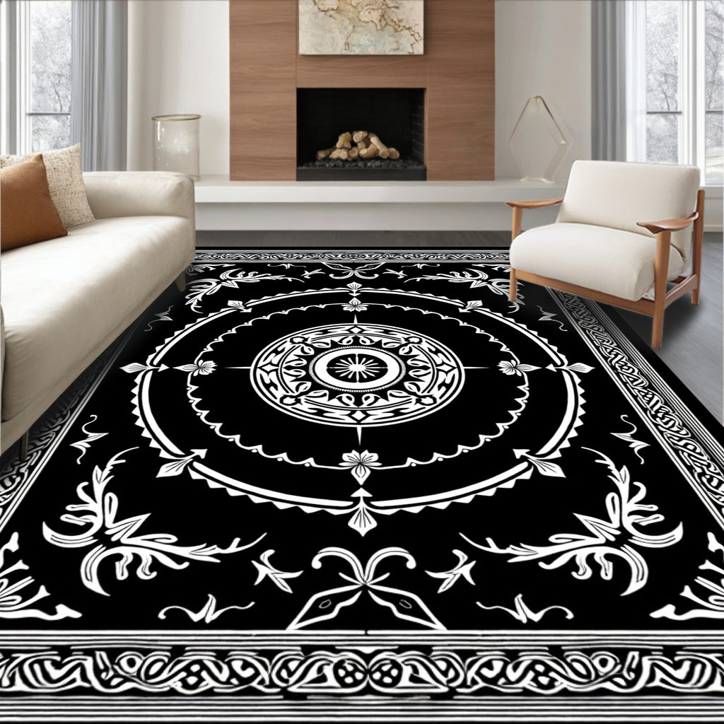 Black White Mandara Floral Banded Rug