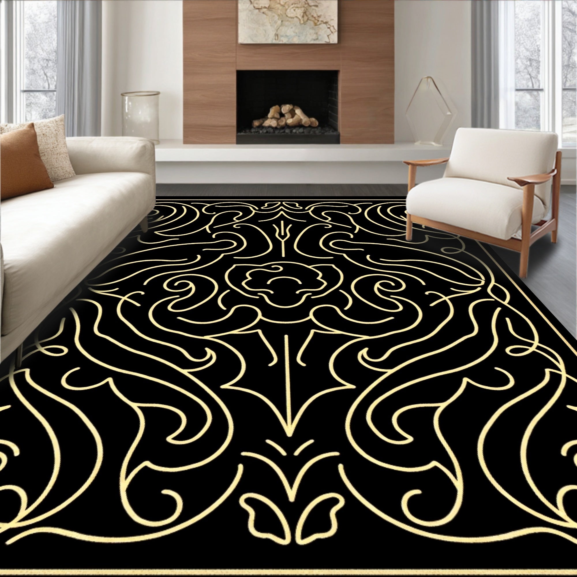 Elegant Gold Filigree Scrollwork Rug