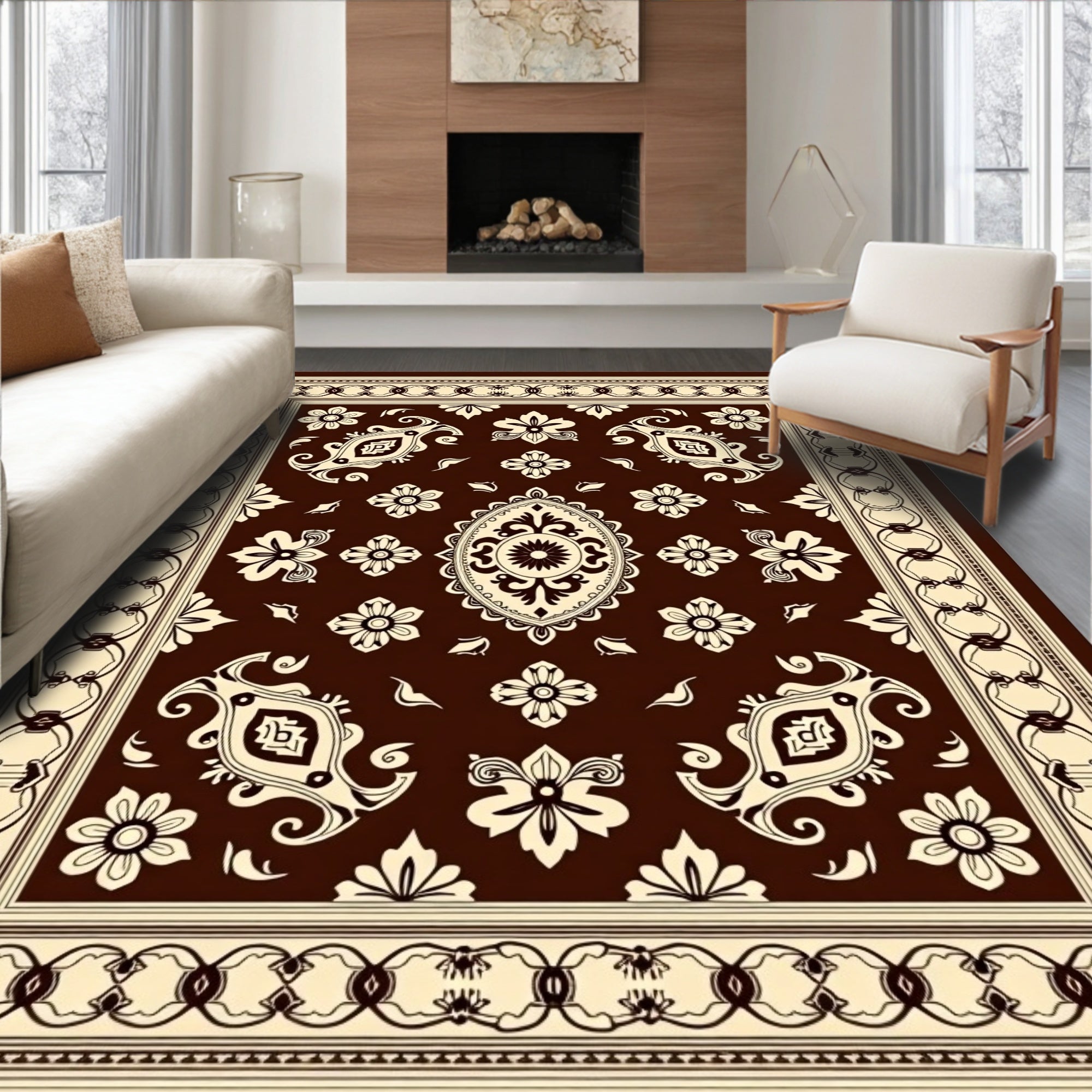 Deep Brown Floral Medallion Border Rug