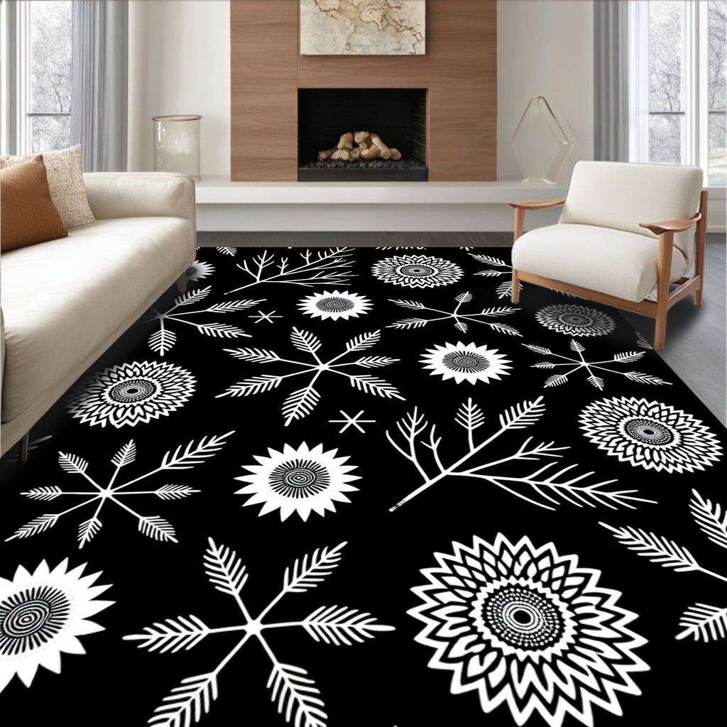 Black White Floral Starburst Fern Rug