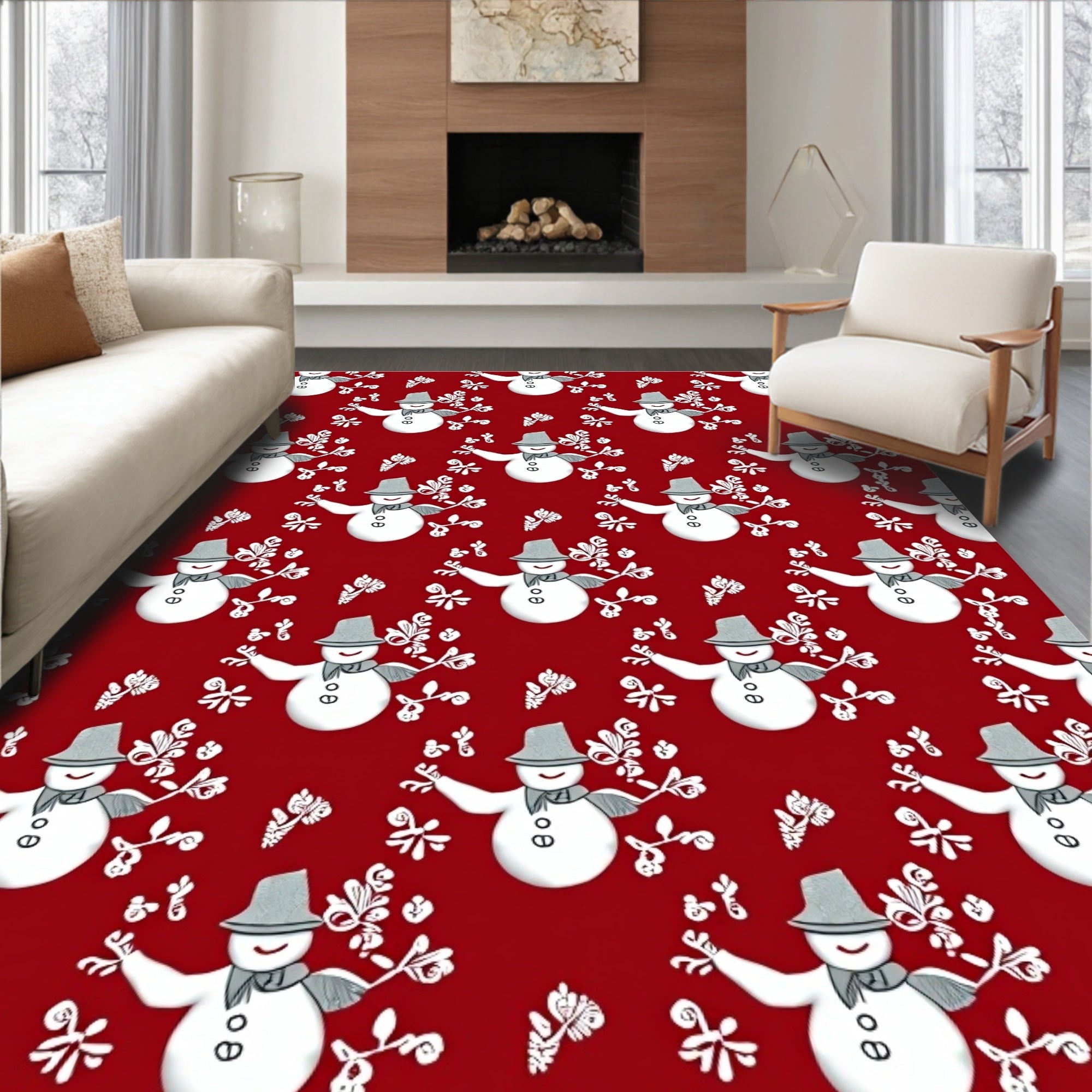 Red Snowman Whimsical Winter Garland Rug