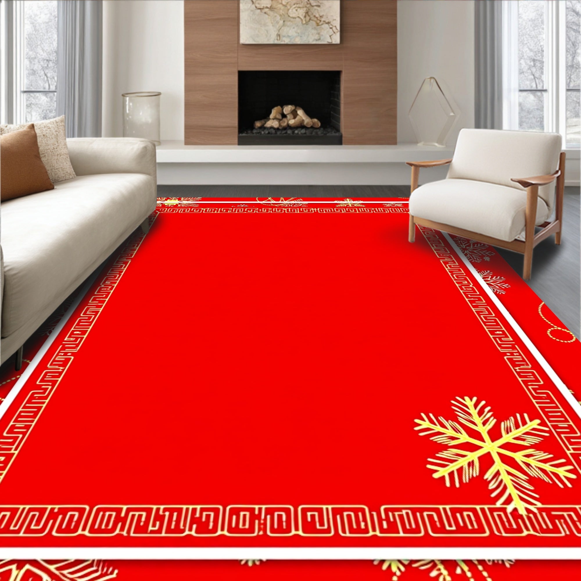 Red Golden Snowflake Geometric Border Rug