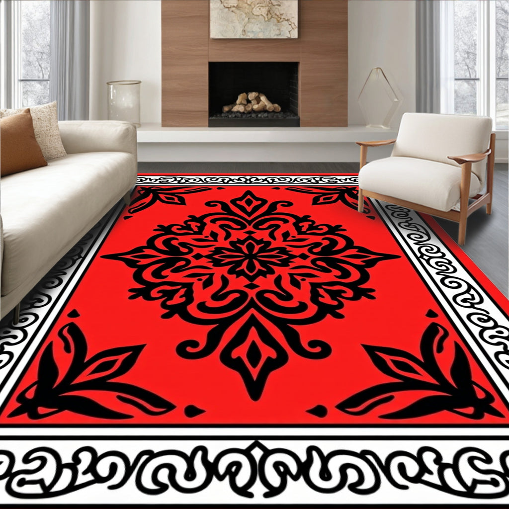 Bold Crimson Black Medallion Border Rug