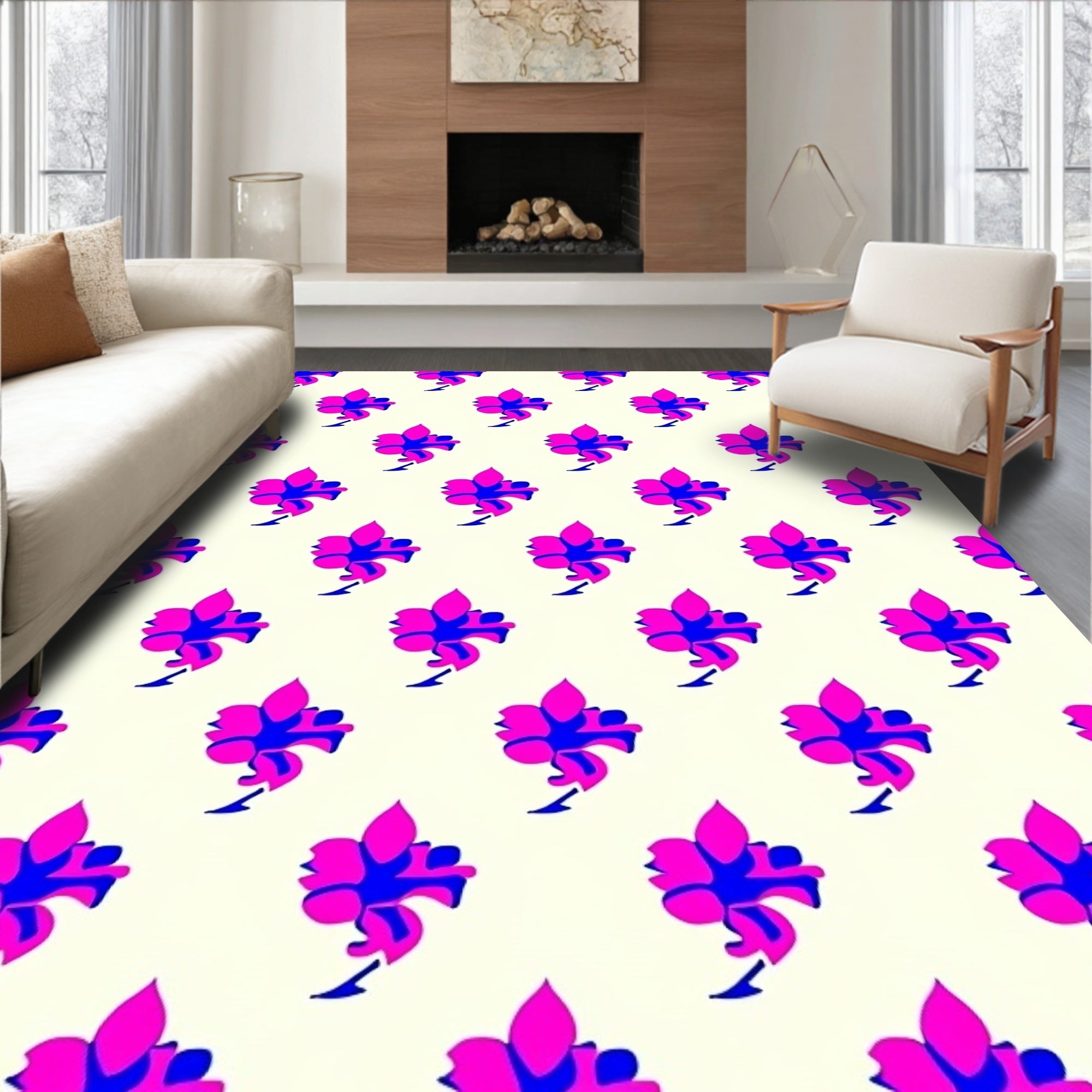Vibrant Pink Blue Floral Medallions Rug