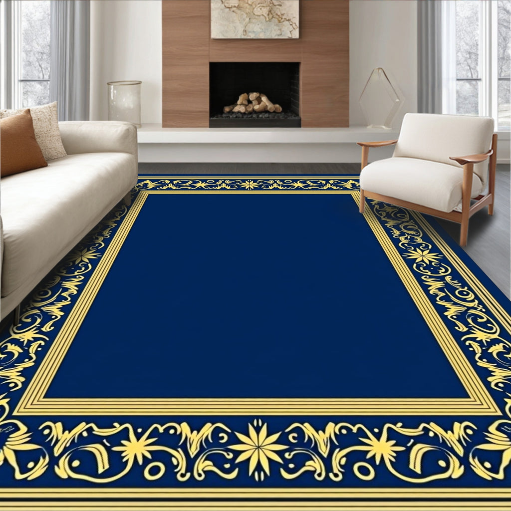 Regal Blue Golden Floral Border Rug