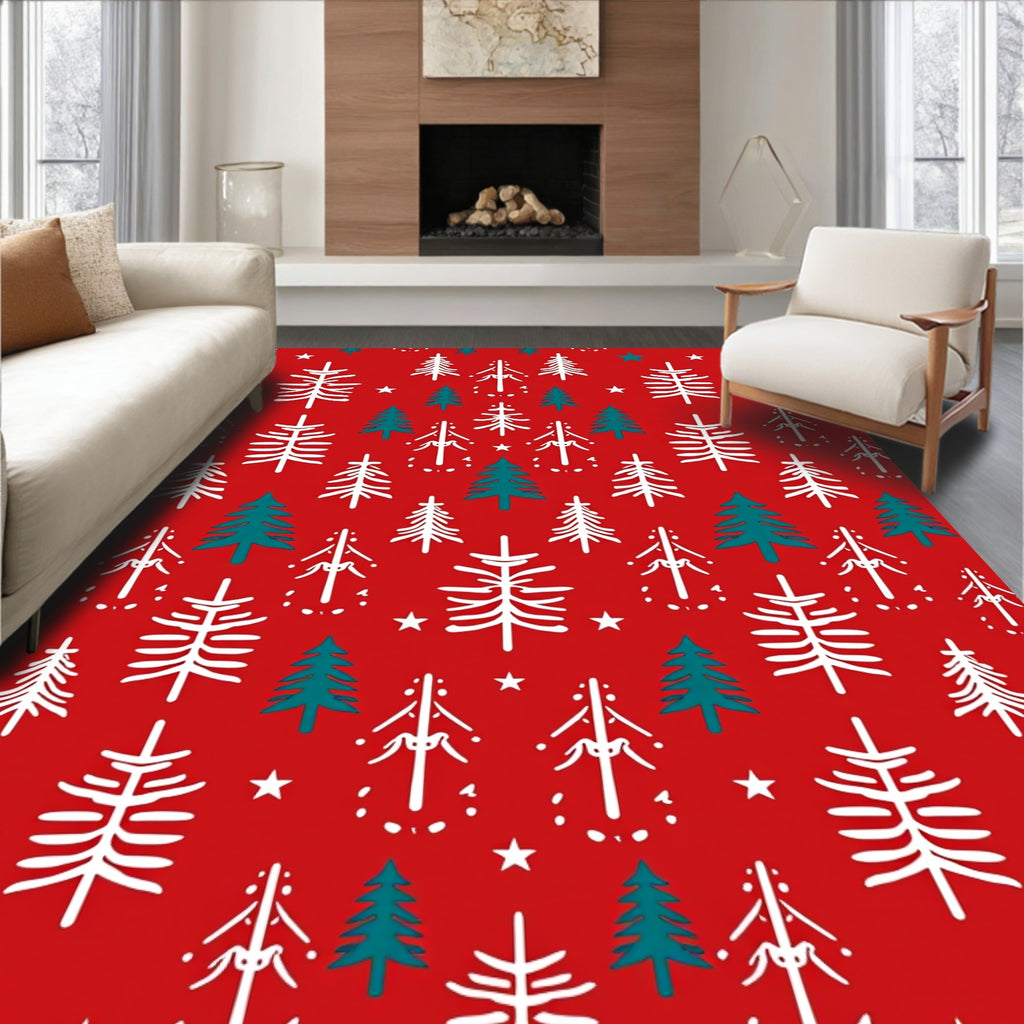 Crimson Evergreen Forest Silhouette Rug